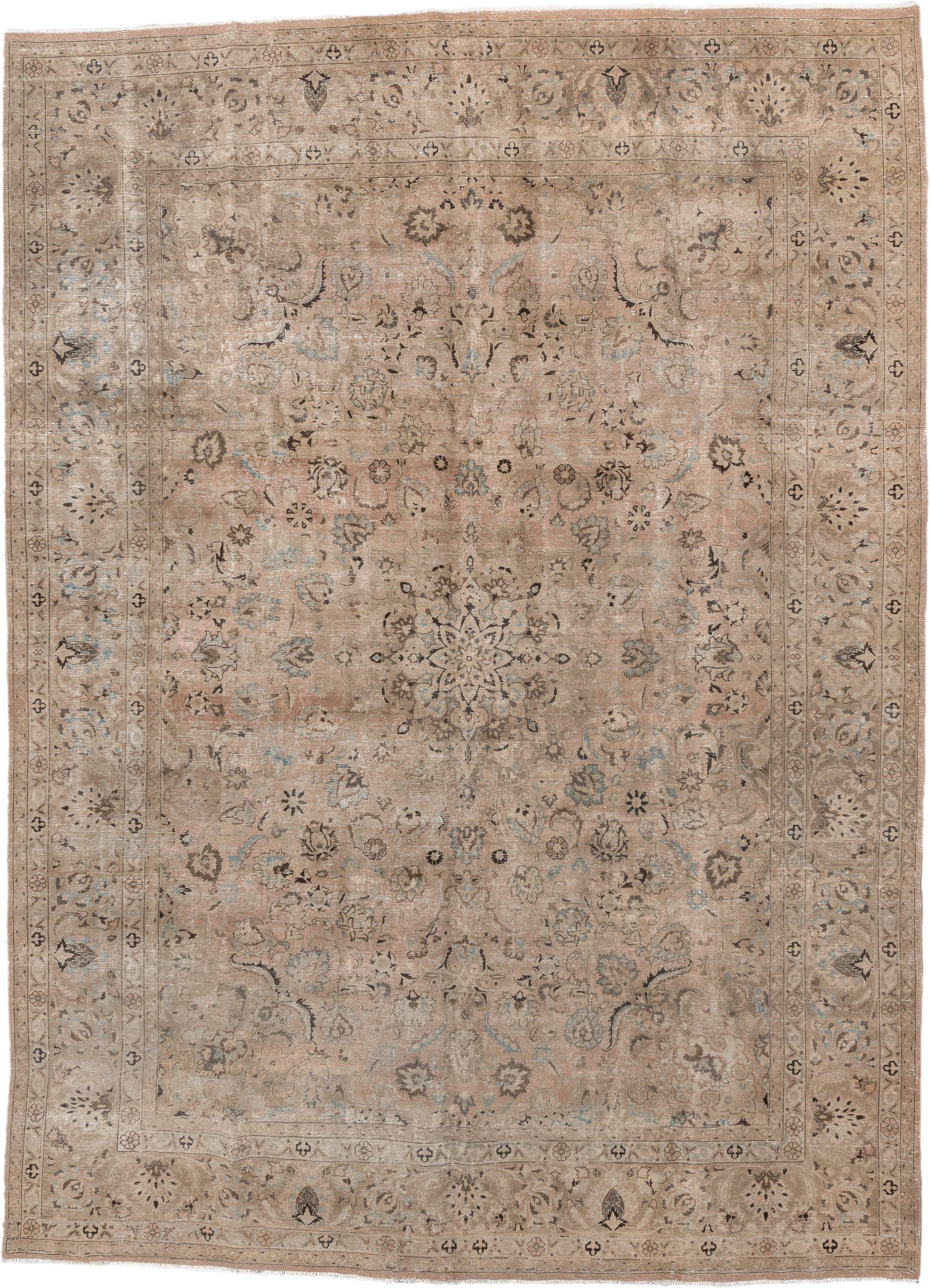 9' x 13' one-of-a-kind handmade vintage Meshed large size rug. Color palette: taupe, beige, ivory, charcoal, pale blue