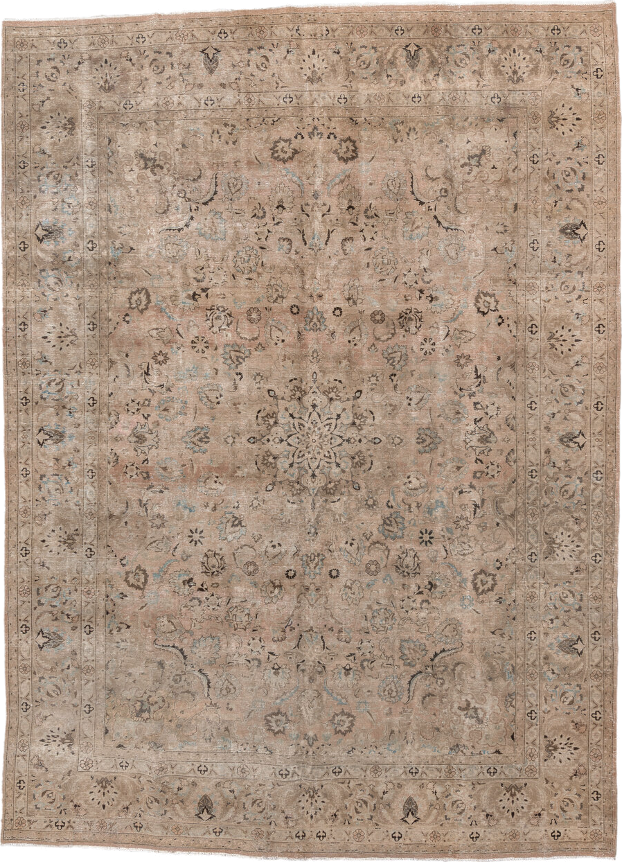 9' x 13' one-of-a-kind handmade vintage Meshed large size rug. Color palette: taupe, beige, ivory, charcoal, pale blue