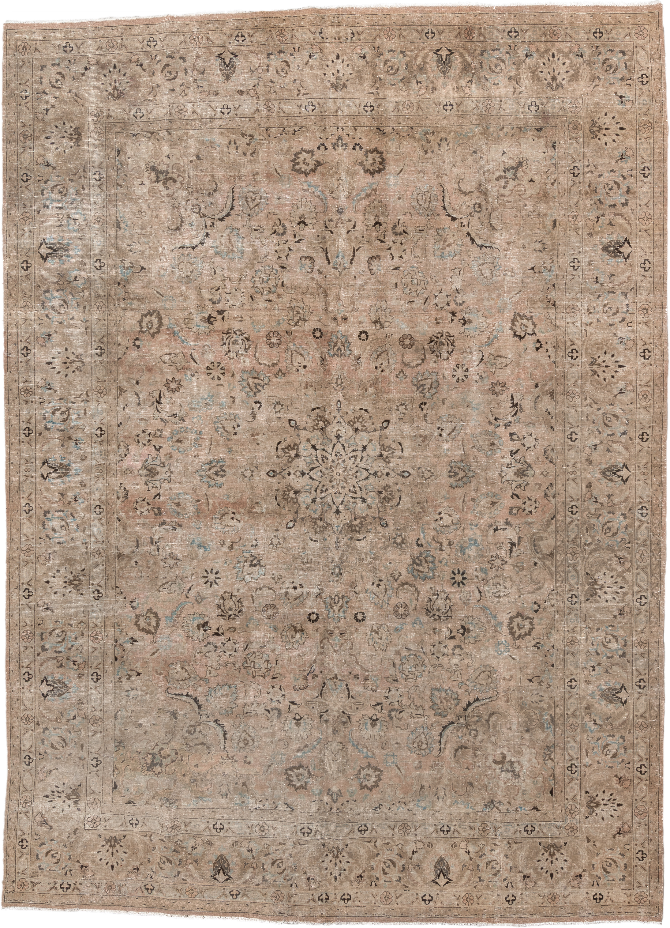 9' x 13' one-of-a-kind handmade vintage Meshed large size rug. Color palette: taupe, beige, ivory, charcoal, pale blue