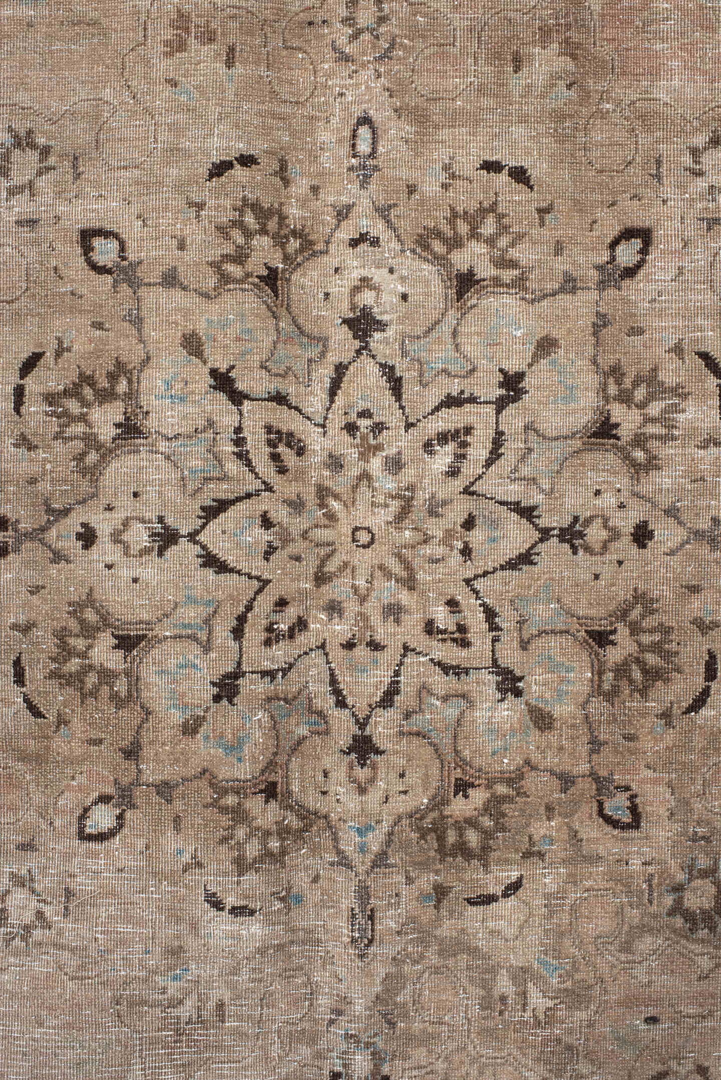 9' x 13' one-of-a-kind handmade vintage Meshed large size rug. Color palette: taupe, beige, ivory, charcoal, pale blue