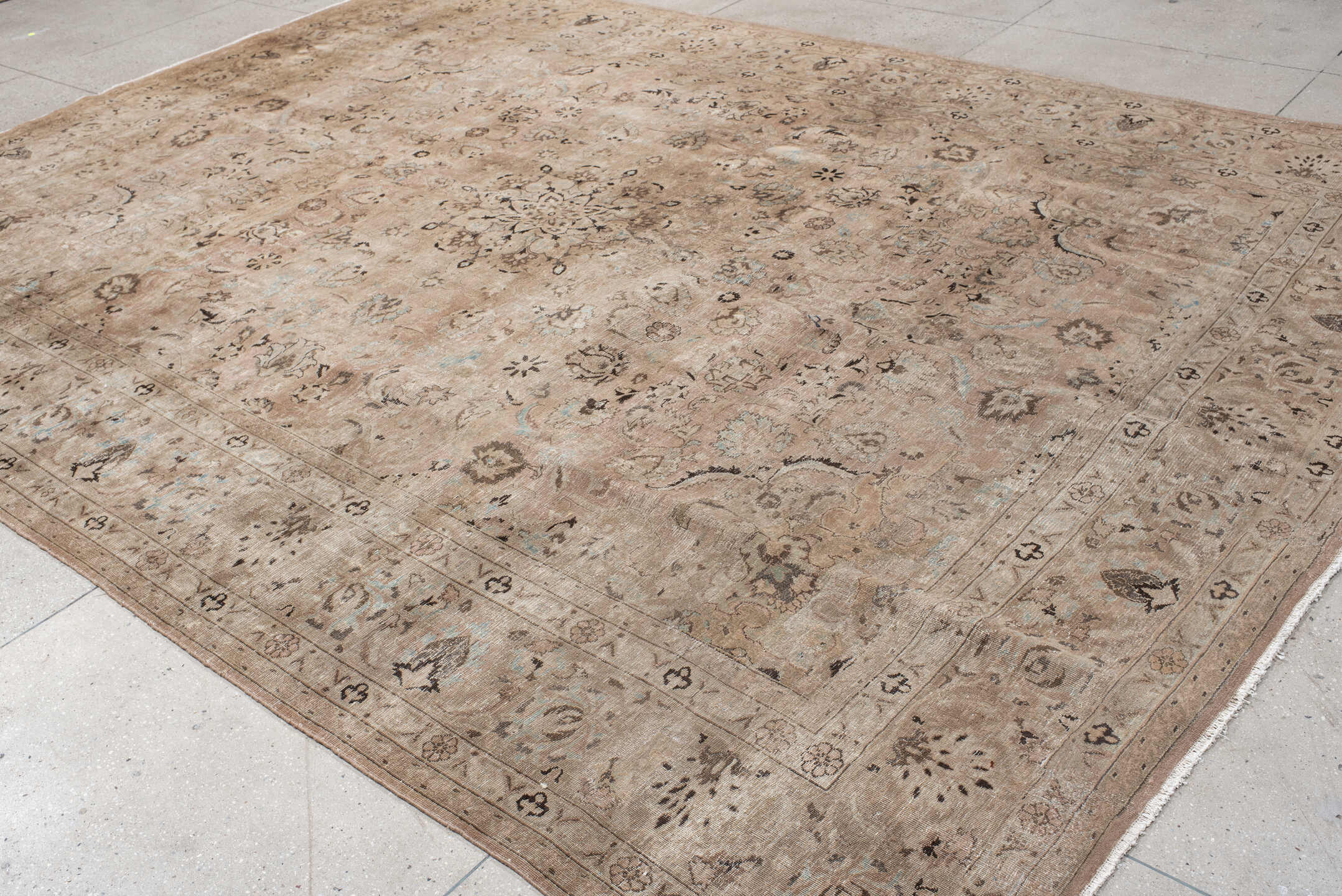 9' x 13' one-of-a-kind handmade vintage Meshed large size rug. Color palette: taupe, beige, ivory, charcoal, pale blue