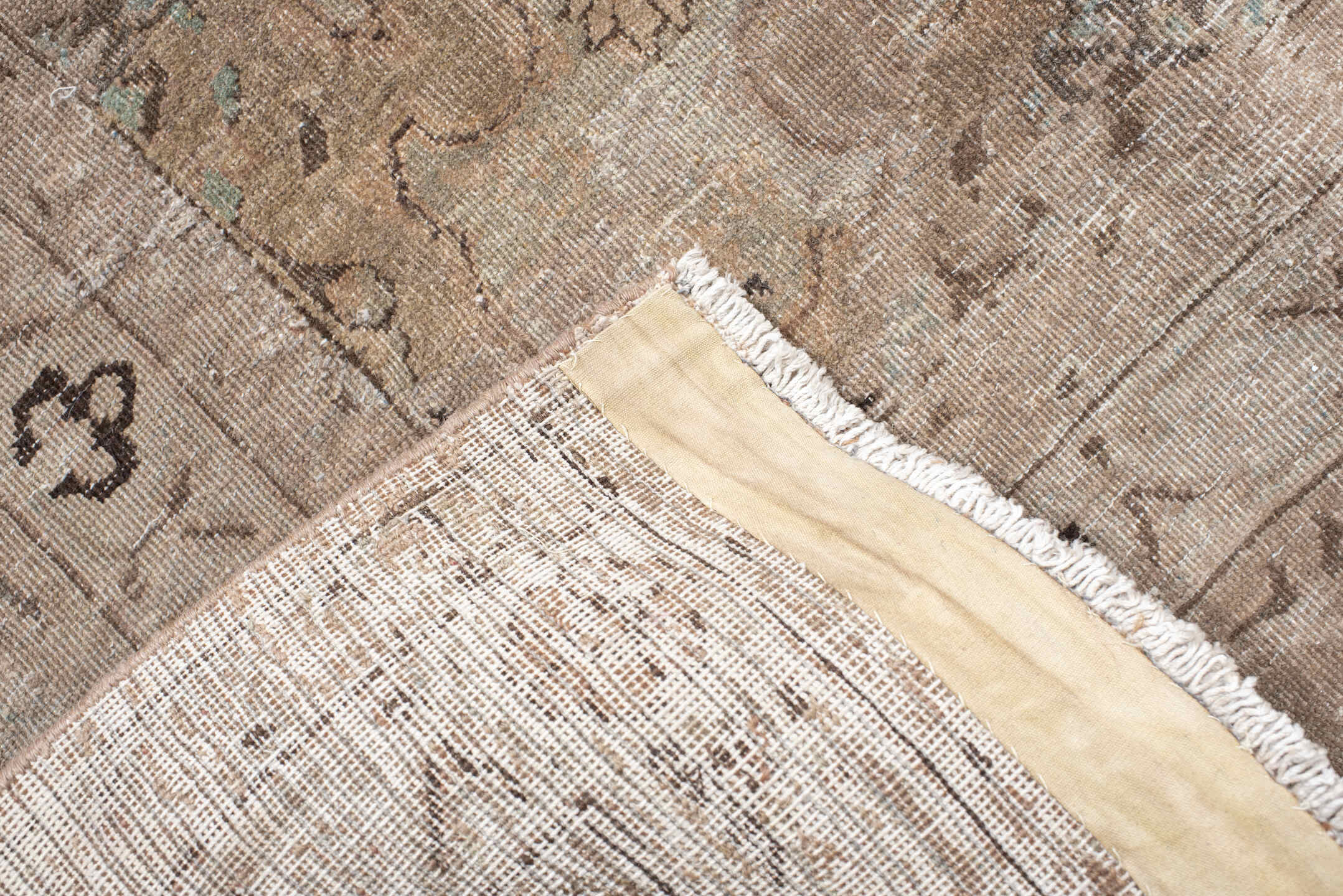 9' x 13' one-of-a-kind handmade vintage Meshed large size rug. Color palette: taupe, beige, ivory, charcoal, pale blue