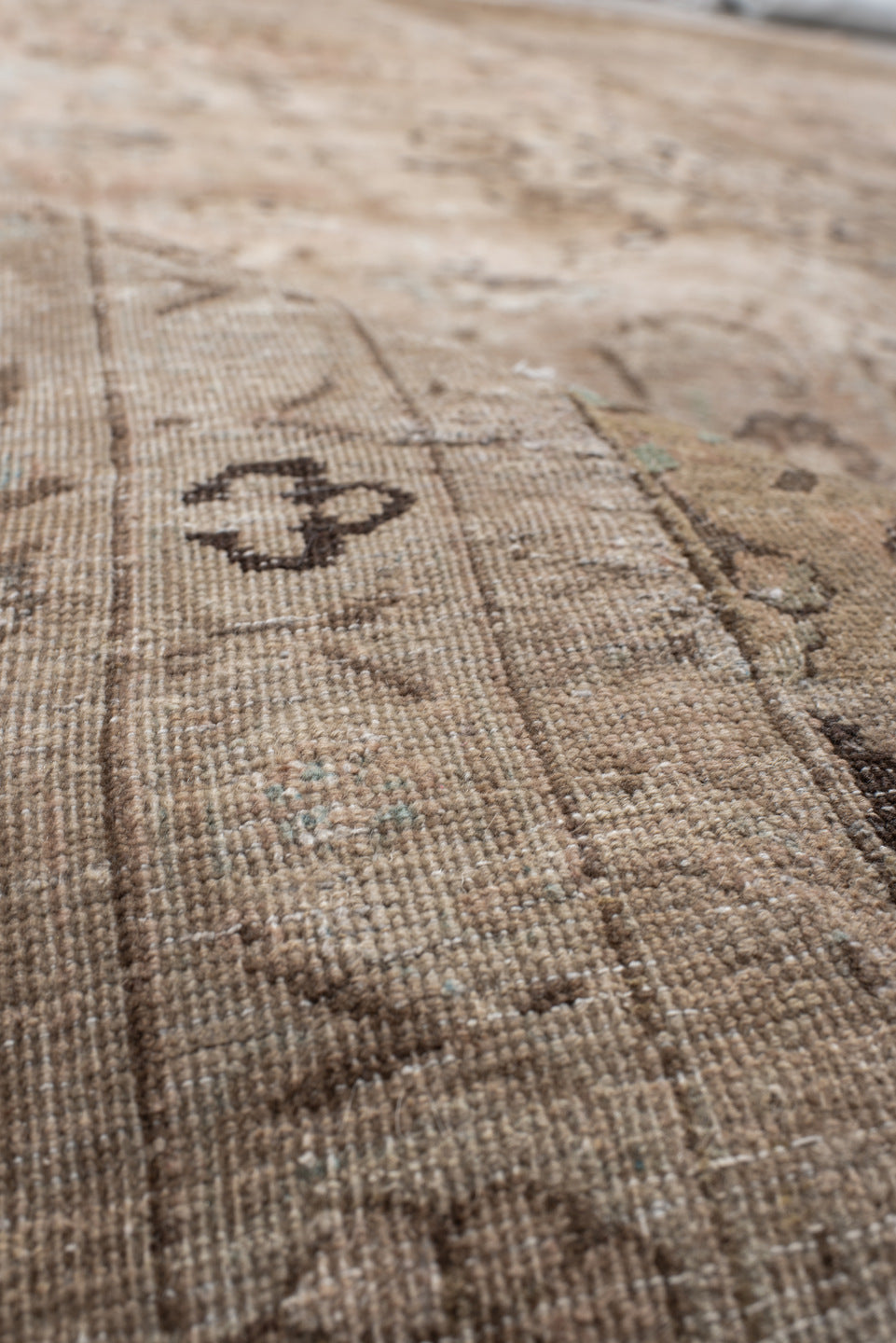 9' x 13' one-of-a-kind handmade vintage Meshed large size rug. Color palette: taupe, beige, ivory, charcoal, pale blue