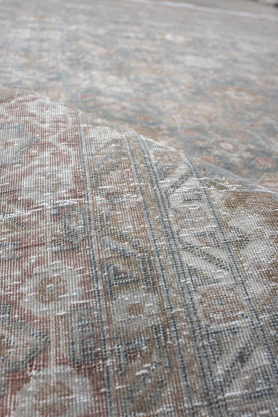 8' x 10' one-of-a-kind handmade vintage Sivas large size rug. Color palette: sky blue, ivory, rose, taupe, dusty coral