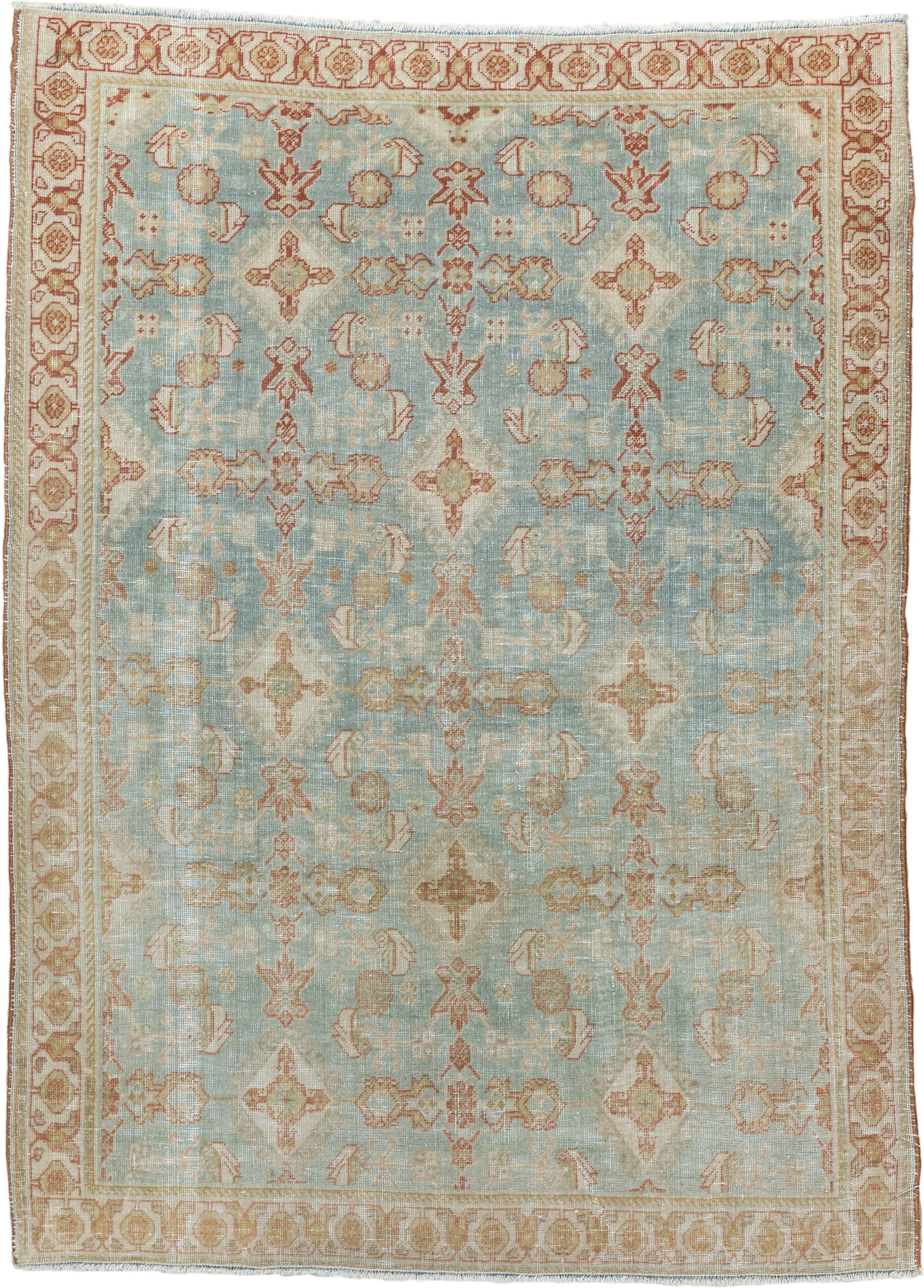 2' x 3' one-of-a-kind handmade vintage Qashqai small size rug. Color palette: pale blue, ivory, terra cotta, beige, camel