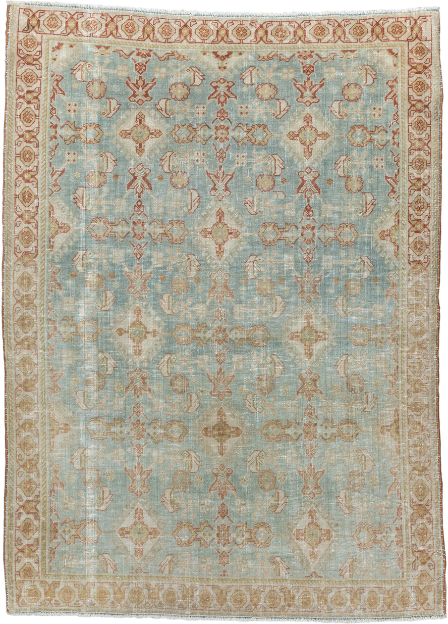 2' x 3' one-of-a-kind handmade vintage Qashqai small size rug. Color palette: pale blue, ivory, terra cotta, beige, camel