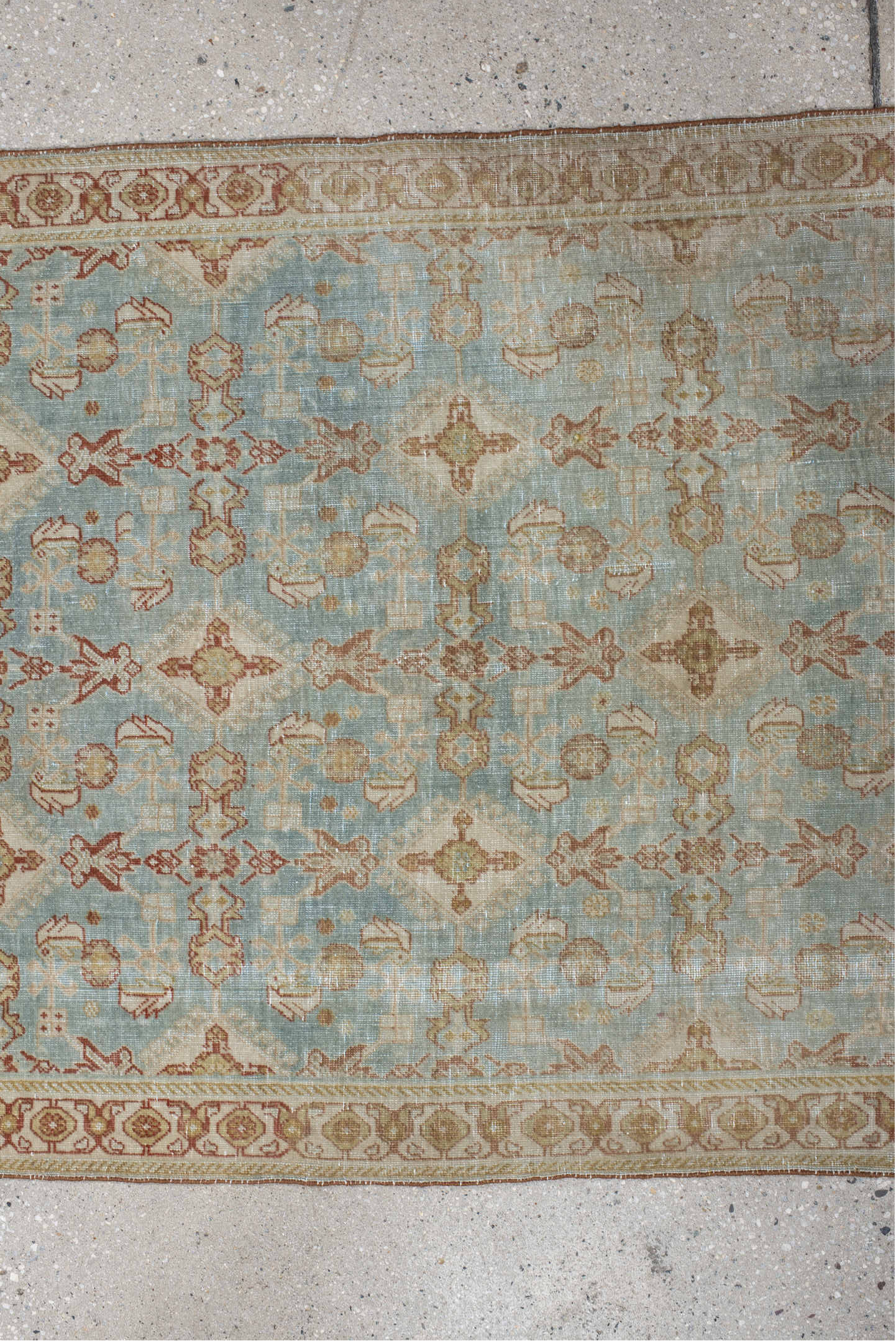 2' x 3' one-of-a-kind handmade vintage Qashqai small size rug. Color palette: pale blue, ivory, terra cotta, beige, camel
