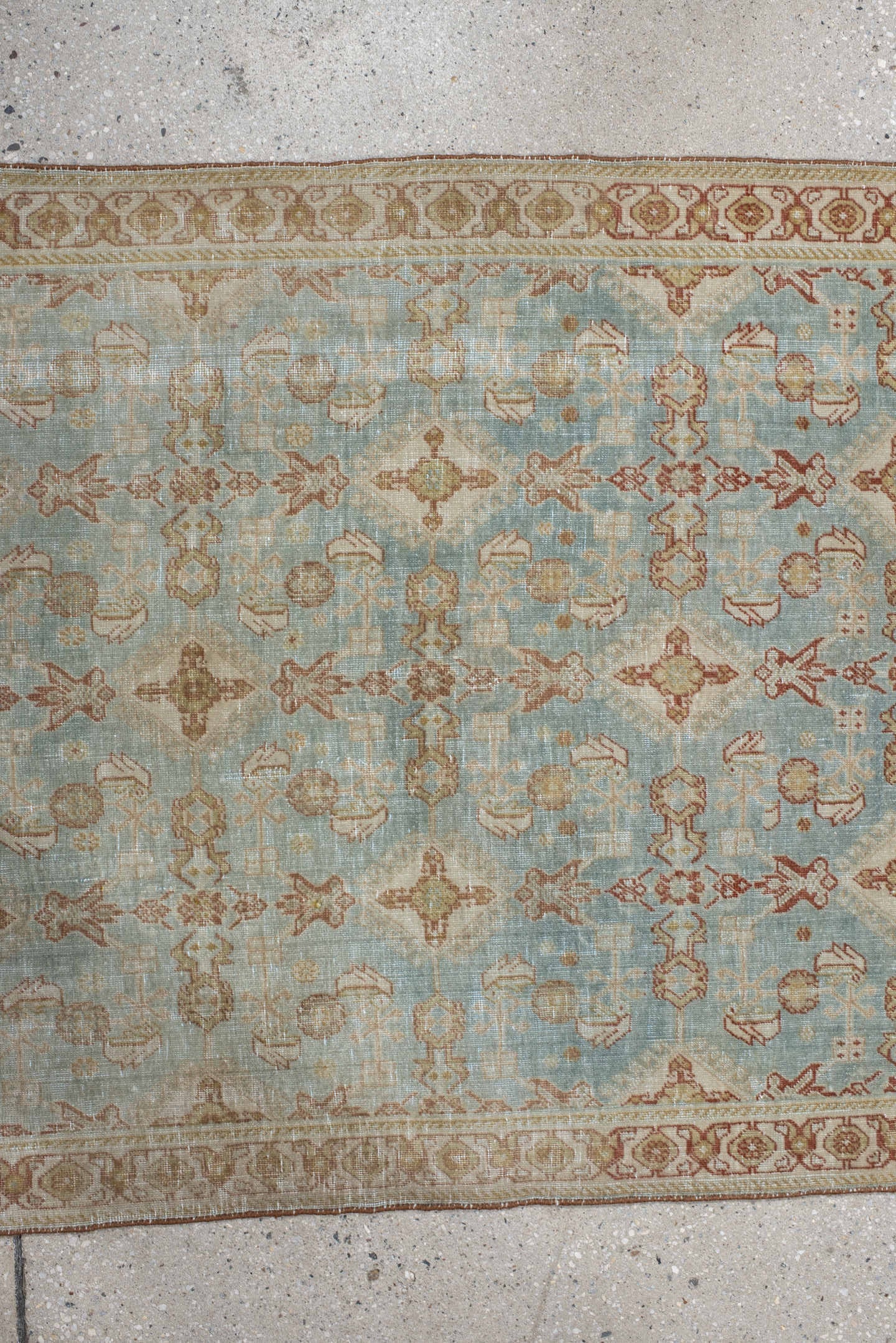 2' x 3' one-of-a-kind handmade vintage Qashqai small size rug. Color palette: pale blue, ivory, terra cotta, beige, camel