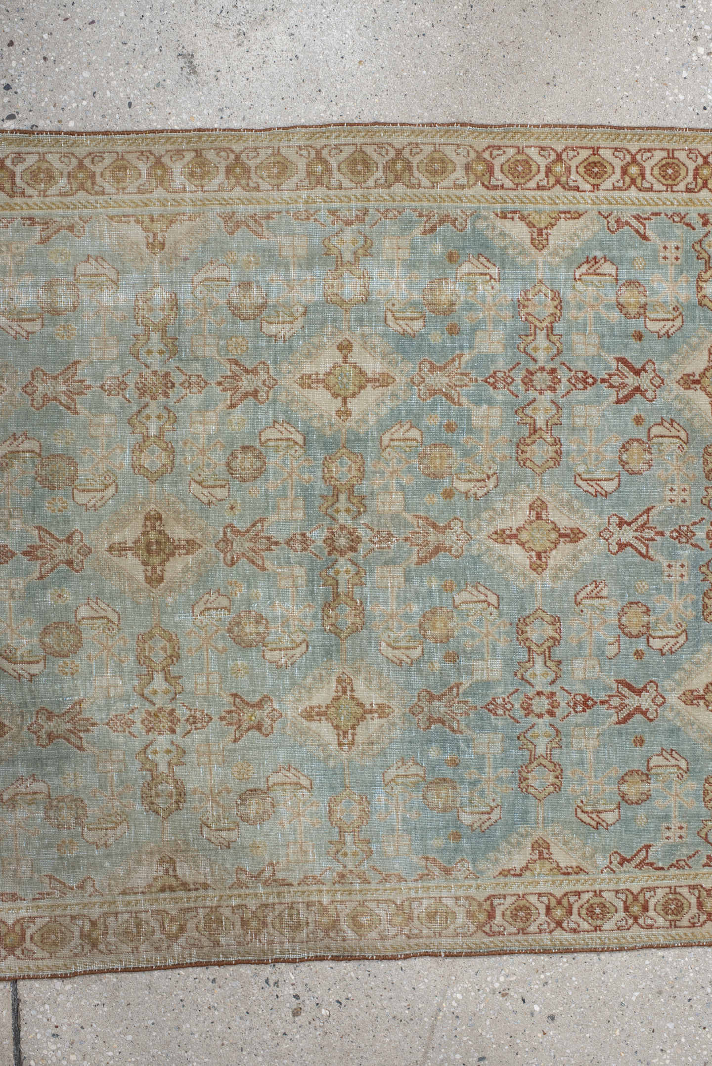 2' x 3' one-of-a-kind handmade vintage Qashqai small size rug. Color palette: pale blue, ivory, terra cotta, beige, camel
