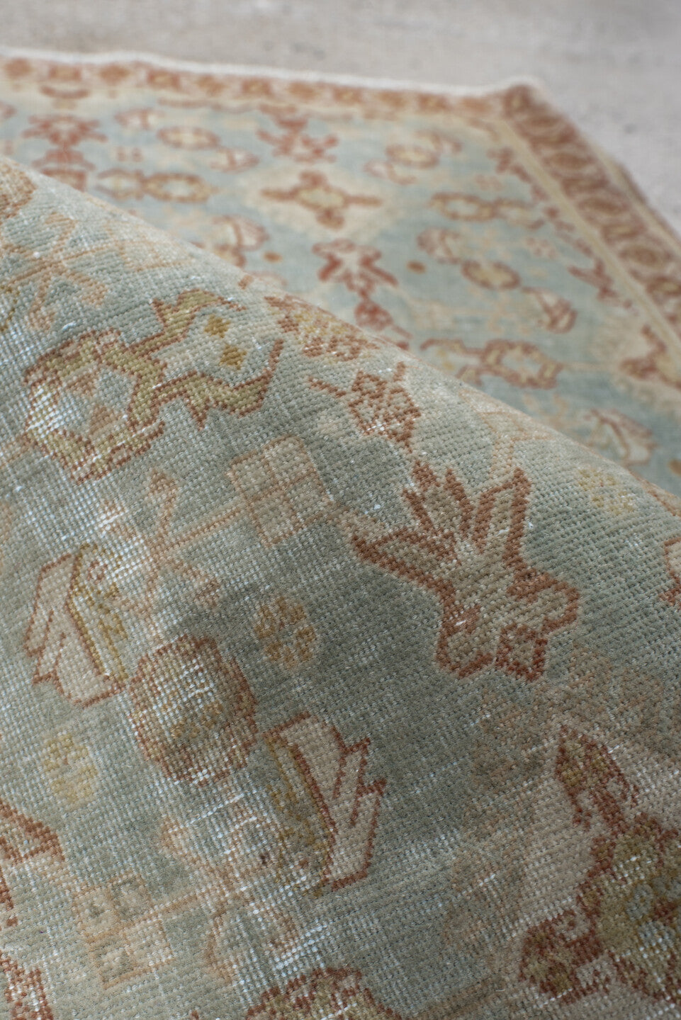 2' x 3' one-of-a-kind handmade vintage Qashqai small size rug. Color palette: pale blue, ivory, terra cotta, beige, camel