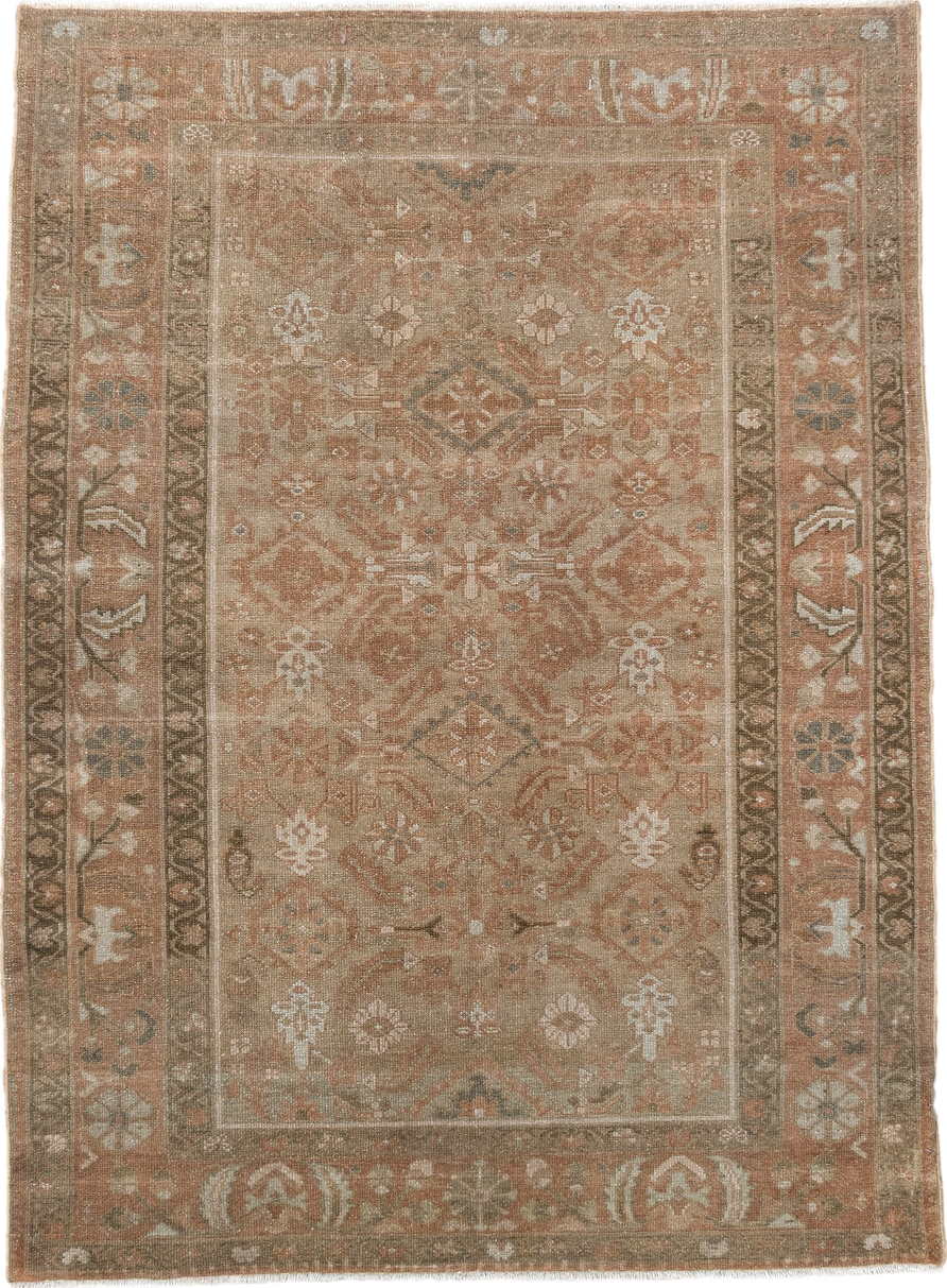 3' x 4' one-of-a-kind handmade vintage Malayer small size rug. Color palette: taupe, terra cotta, camel, ivory, olive, brown