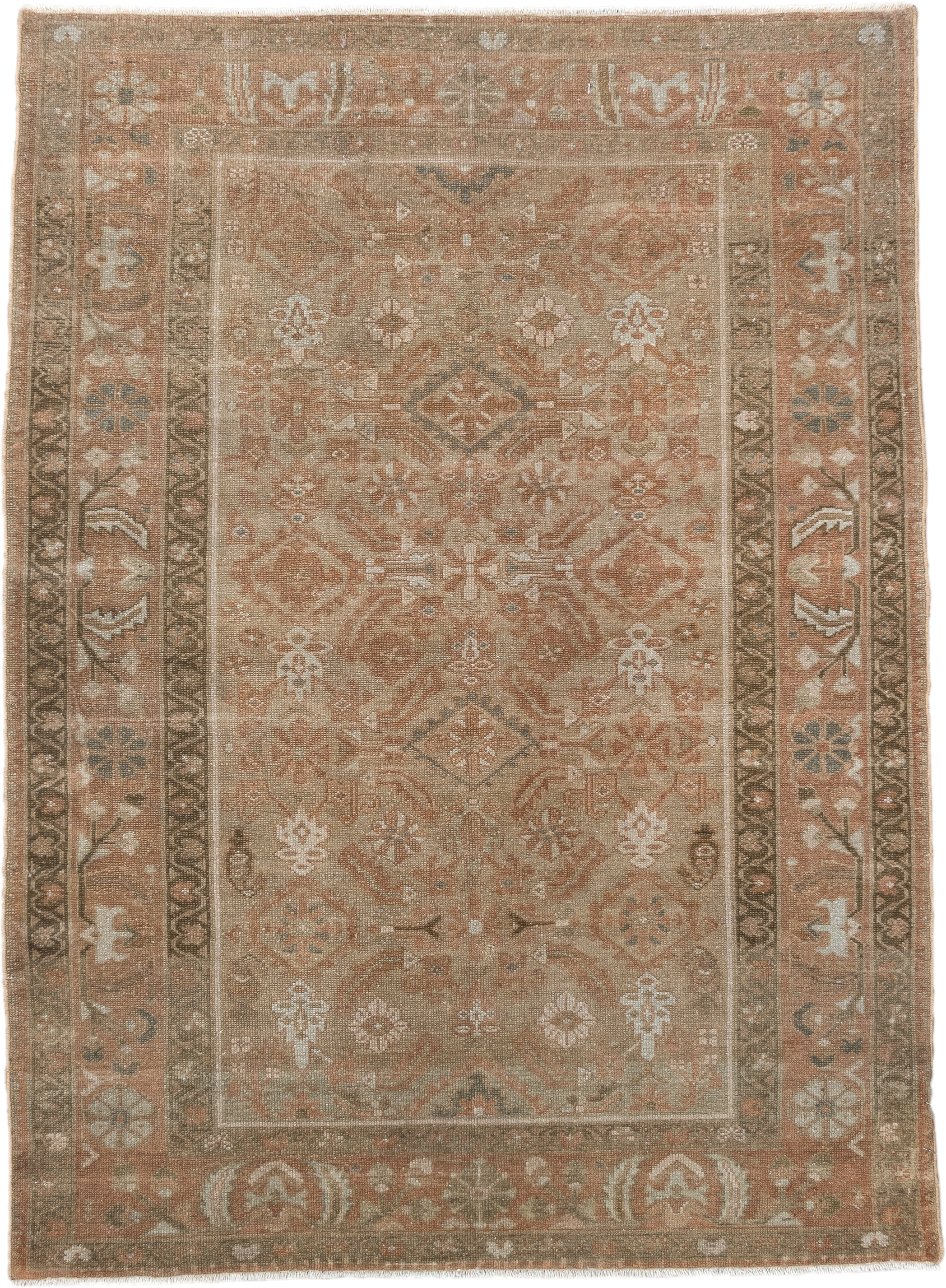 3' x 4' one-of-a-kind handmade vintage Malayer small size rug. Color palette: taupe, terra cotta, camel, ivory, olive, brown