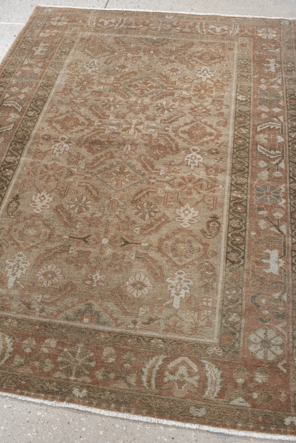 3' x 4' one-of-a-kind handmade vintage Malayer small size rug. Color palette: taupe, terra cotta, camel, ivory, olive, brown