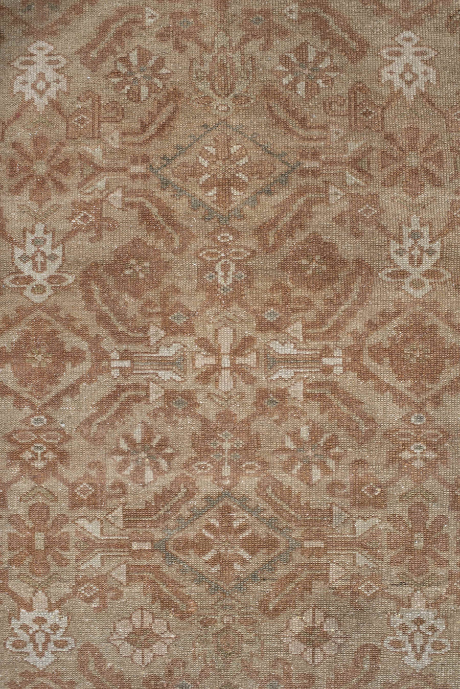 3' x 4' one-of-a-kind handmade vintage Malayer small size rug. Color palette: taupe, terra cotta, camel, ivory, olive, brown
