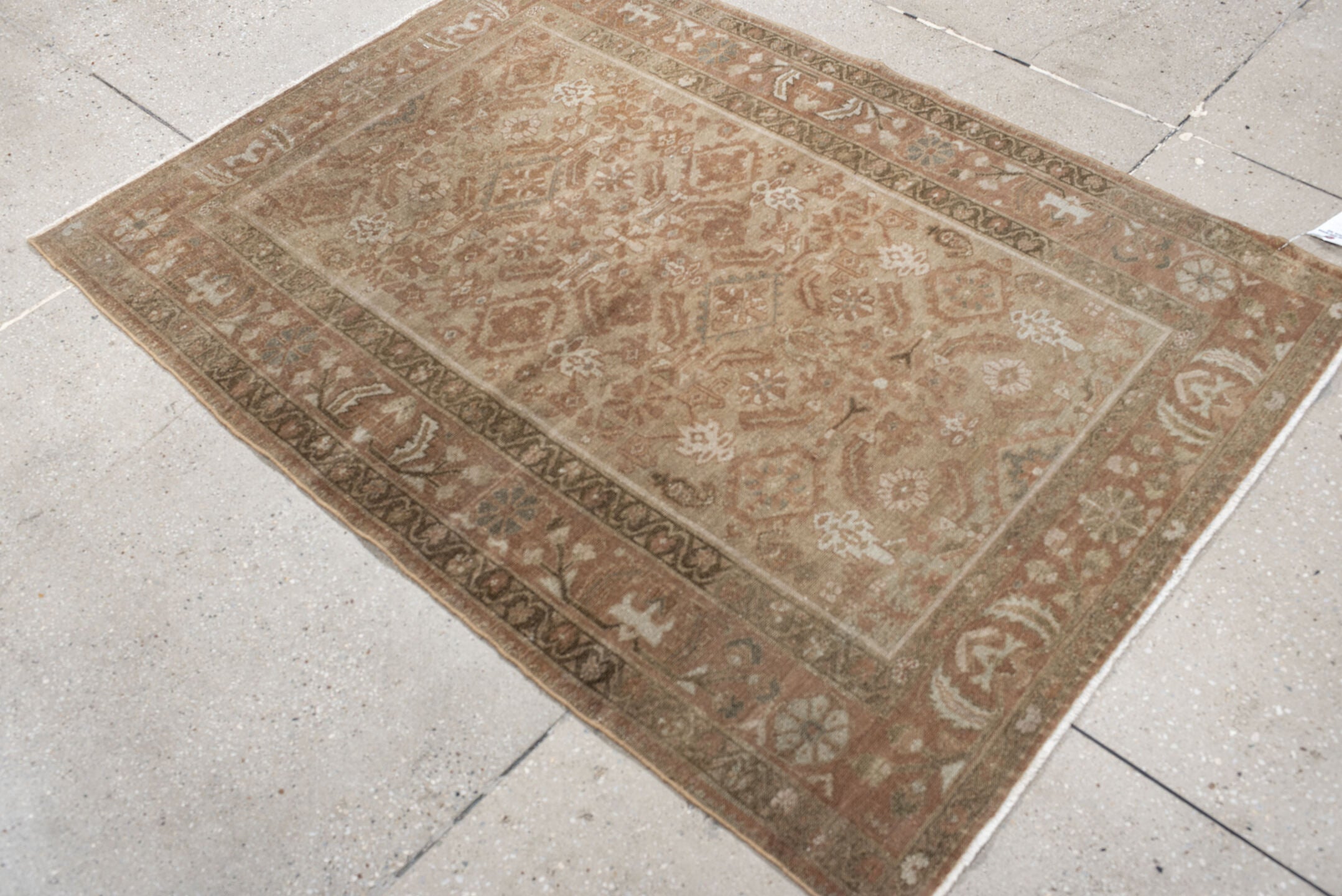 3' x 4' one-of-a-kind handmade vintage Malayer small size rug. Color palette: taupe, terra cotta, camel, ivory, olive, brown