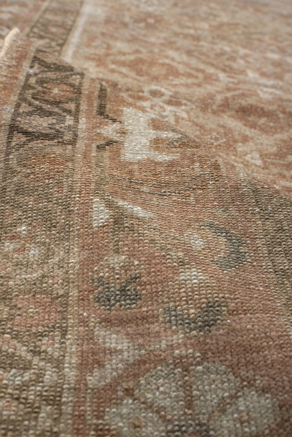 3' x 4' one-of-a-kind handmade vintage Malayer small size rug. Color palette: taupe, terra cotta, camel, ivory, olive, brown