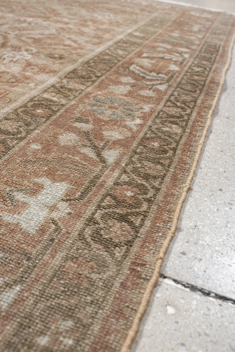 3' x 4' one-of-a-kind handmade vintage Malayer small size rug. Color palette: taupe, terra cotta, camel, ivory, olive, brown