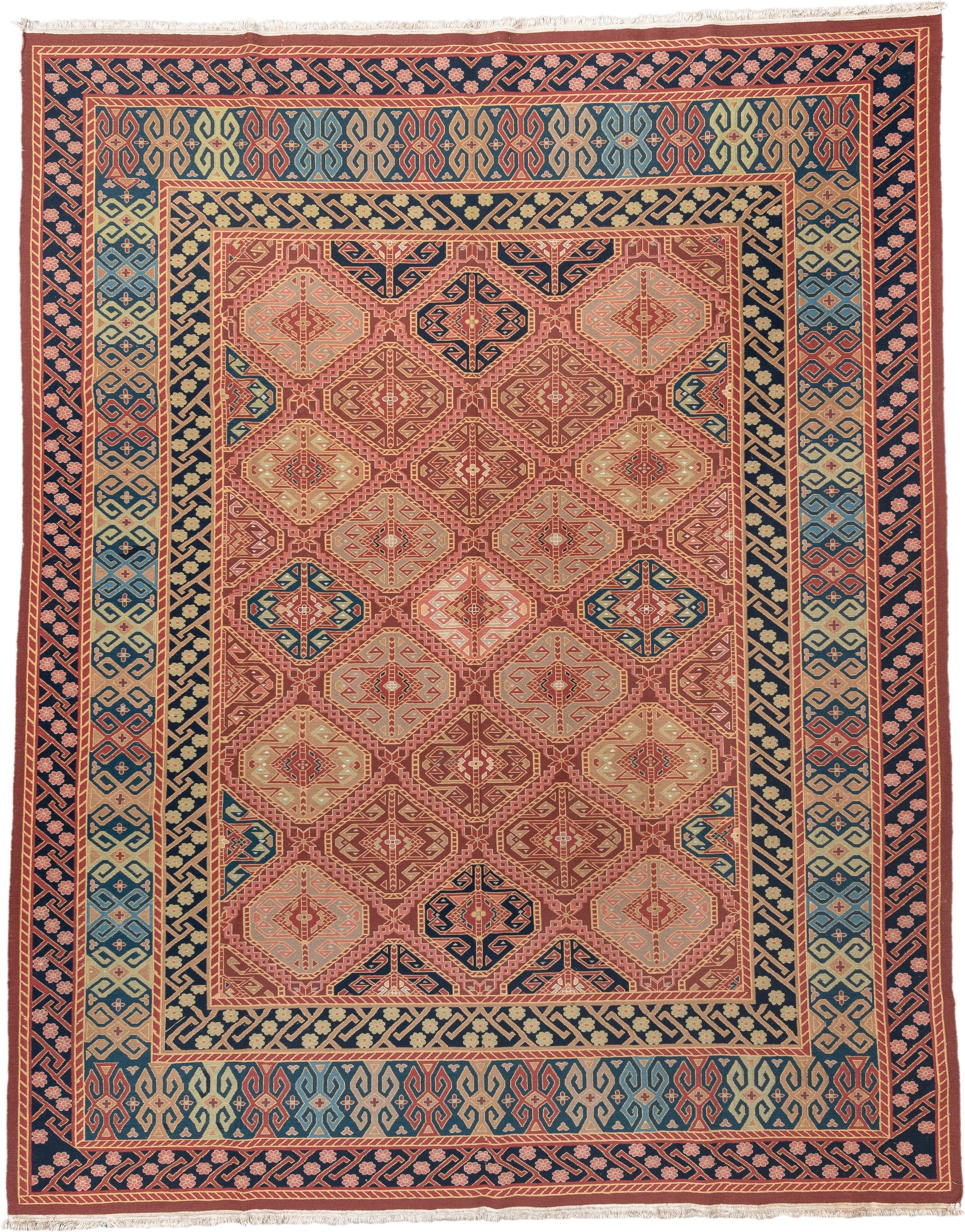 8' x 11' one-of-a-kind handmade vintage Sumak large size rug. Color palette: terra cotta, navy, ivory, sky blue, rust, rose