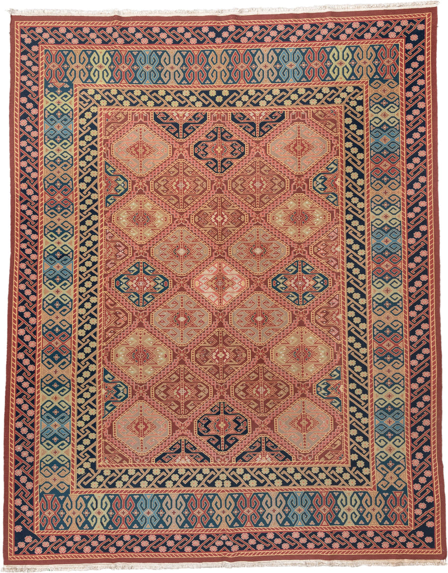 8' x 11' one-of-a-kind handmade vintage Sumak large size rug. Color palette: terra cotta, navy, ivory, sky blue, rust, rose
