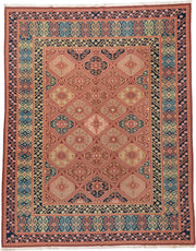 8' x 11' one-of-a-kind handmade vintage Sumak large size rug. Color palette: terra cotta, navy, ivory, sky blue, rust, rose