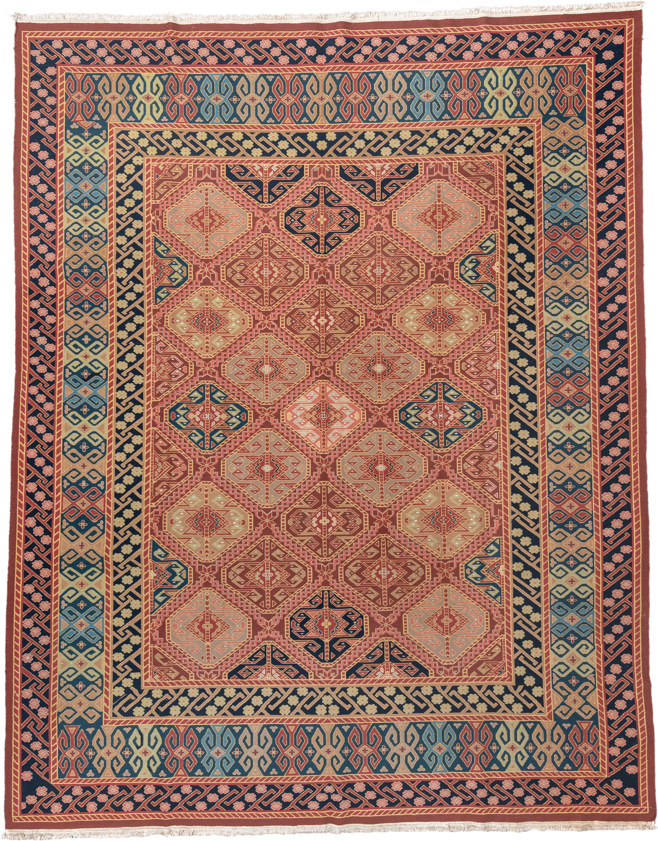 8' x 11' one-of-a-kind handmade vintage Sumak large size rug. Color palette: terra cotta, navy, ivory, sky blue, rust, rose