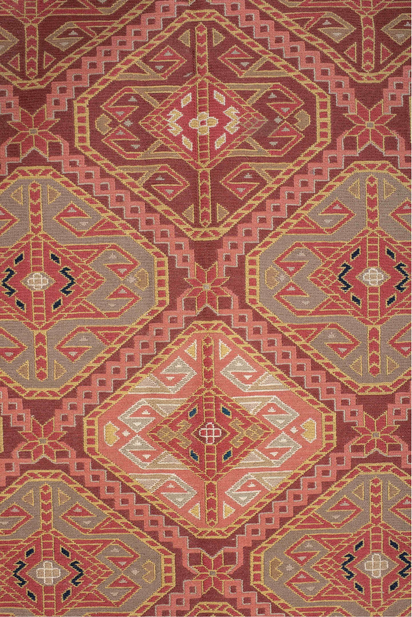 8' x 11' one-of-a-kind handmade vintage Sumak large size rug. Color palette: terra cotta, navy, ivory, sky blue, rust, rose