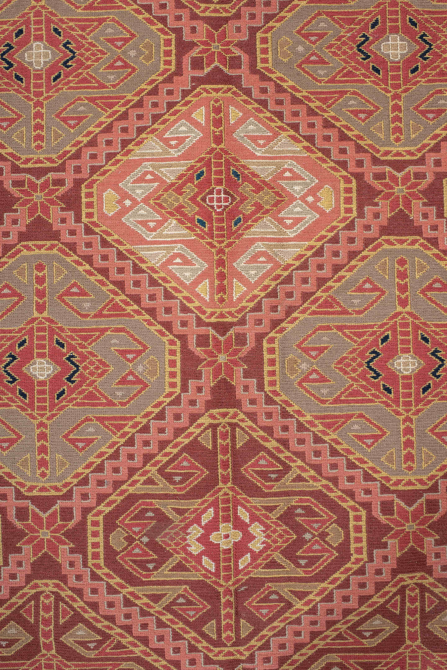 8' x 11' one-of-a-kind handmade vintage Sumak large size rug. Color palette: terra cotta, navy, ivory, sky blue, rust, rose