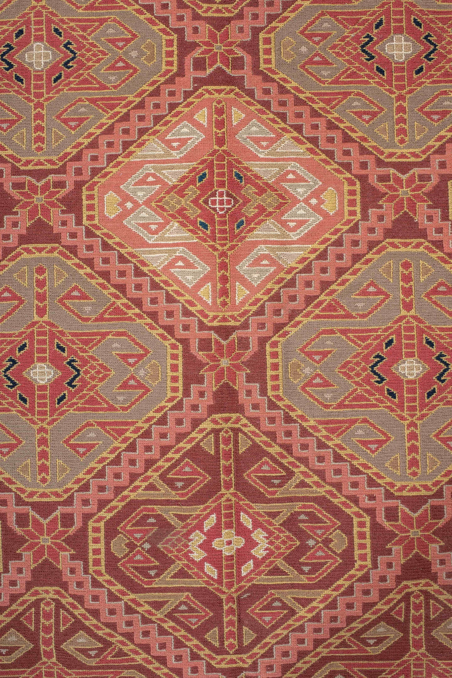 8' x 11' one-of-a-kind handmade vintage Sumak large size rug. Color palette: terra cotta, navy, ivory, sky blue, rust, rose