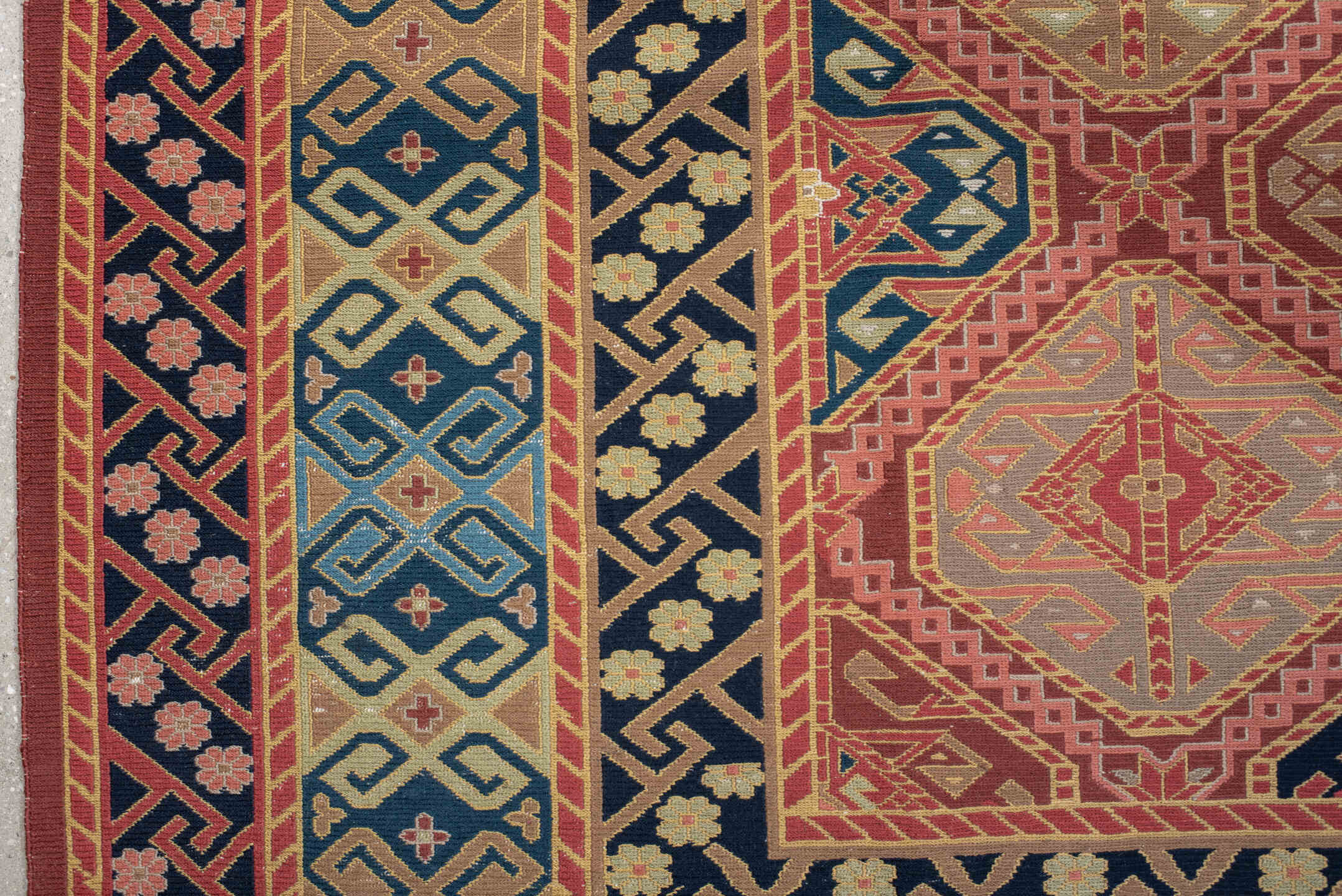 8' x 11' one-of-a-kind handmade vintage Sumak large size rug. Color palette: terra cotta, navy, ivory, sky blue, rust, rose