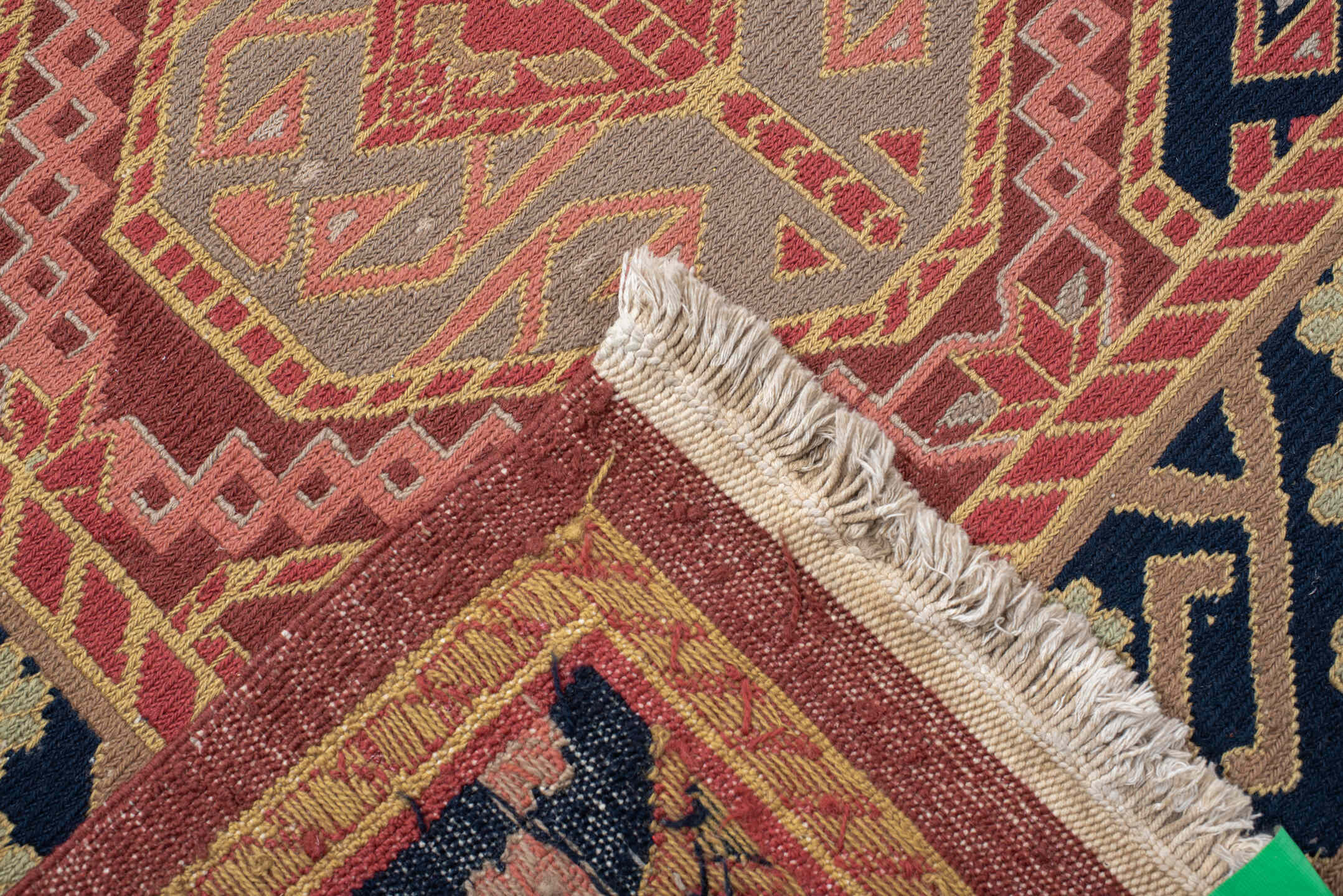 8' x 11' one-of-a-kind handmade vintage Sumak large size rug. Color palette: terra cotta, navy, ivory, sky blue, rust, rose