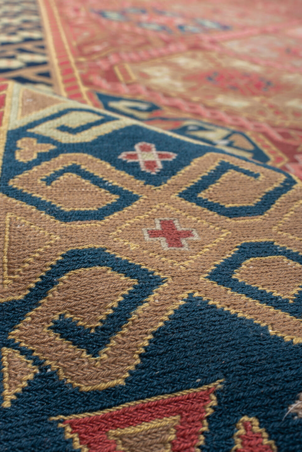 8' x 11' one-of-a-kind handmade vintage Sumak large size rug. Color palette: terra cotta, navy, ivory, sky blue, rust, rose