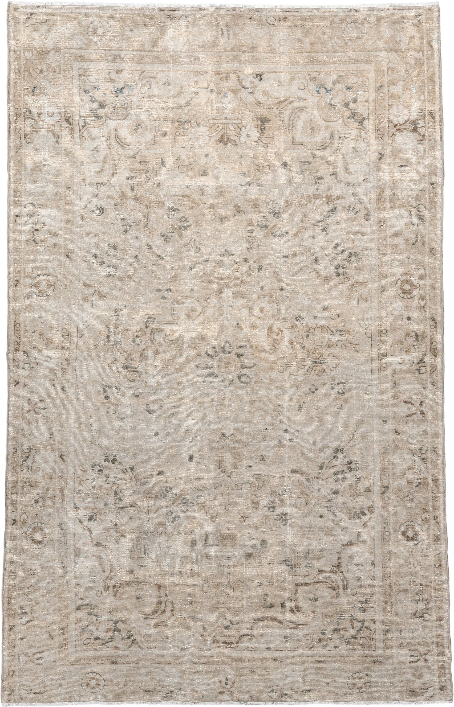 5' x 7' one-of-a-kind handmade vintage Hamadan medium size rug. Color palette: ivory, beige, taupe, sand, pale blue, greige