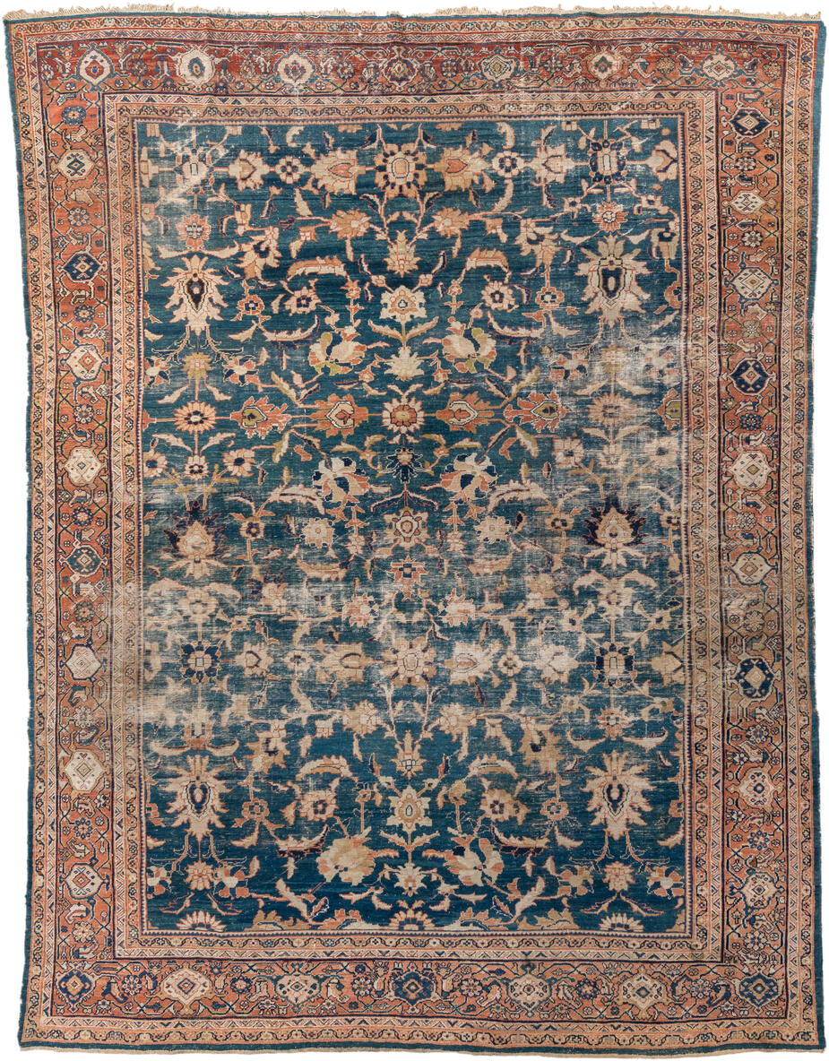 10' x 13' one-of-a-kind handmade antique Sultanabad large size rug. Color palette: blue, terra cotta, ivory, navy, beige