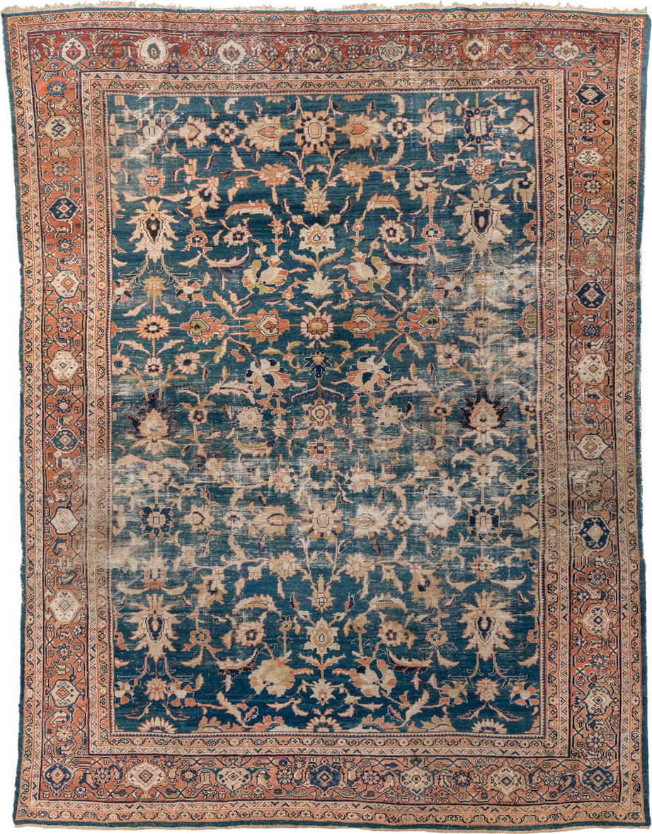 10' x 13' one-of-a-kind handmade vintage Sultanabad large size rug. Color palette: black, blue, brown, charcoal, gray
