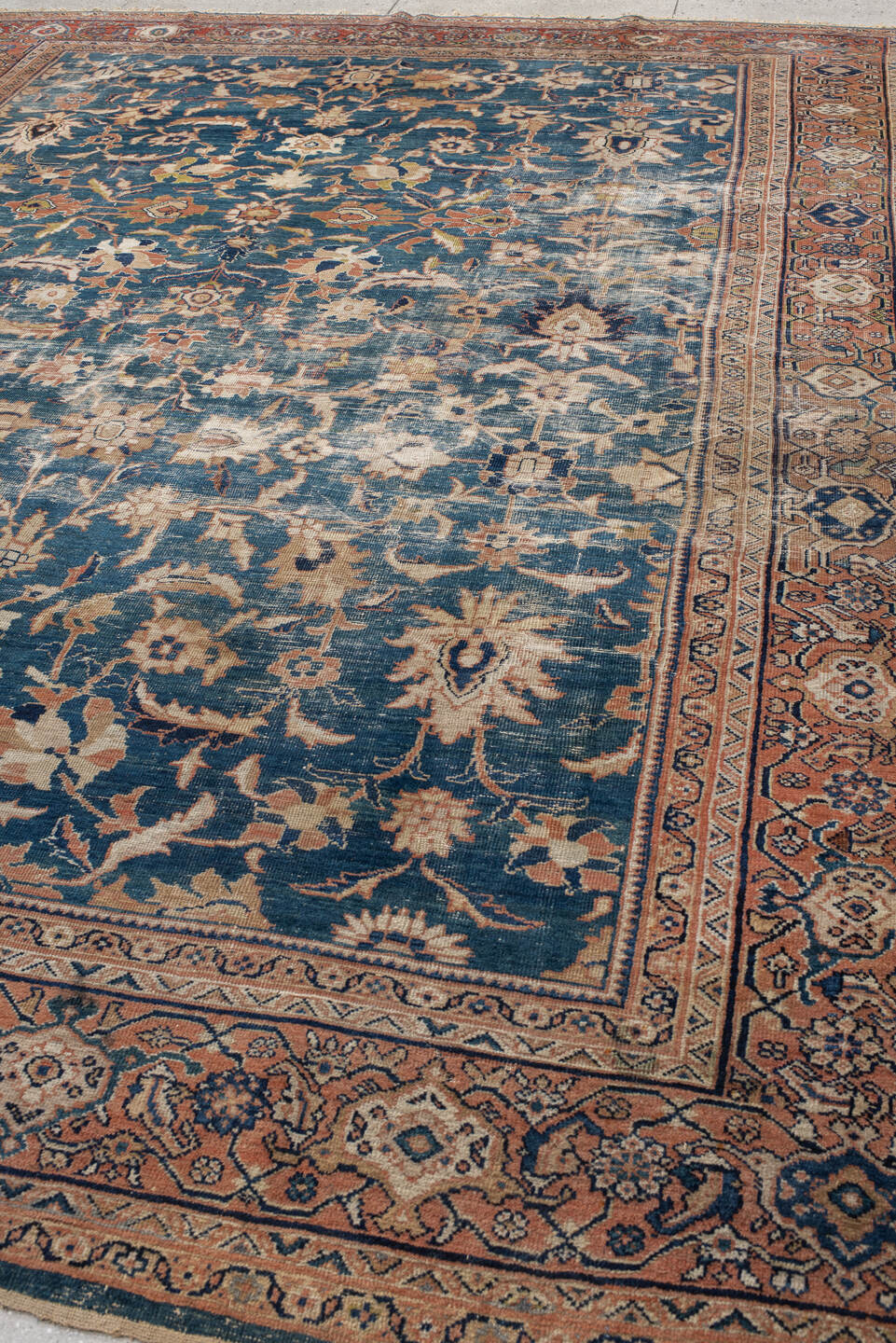 10' x 13' one-of-a-kind handmade antique Sultanabad large size rug. Color palette: blue, terra cotta, ivory, navy, beige