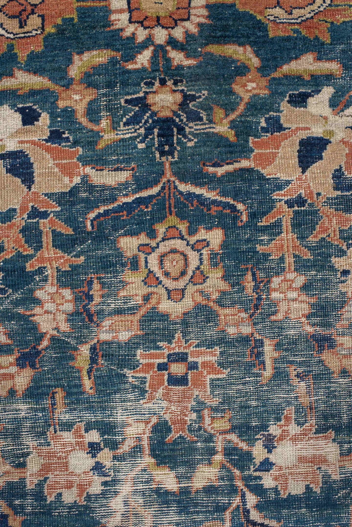 10' x 13' one-of-a-kind handmade antique Sultanabad large size rug. Color palette: blue, terra cotta, ivory, navy, beige