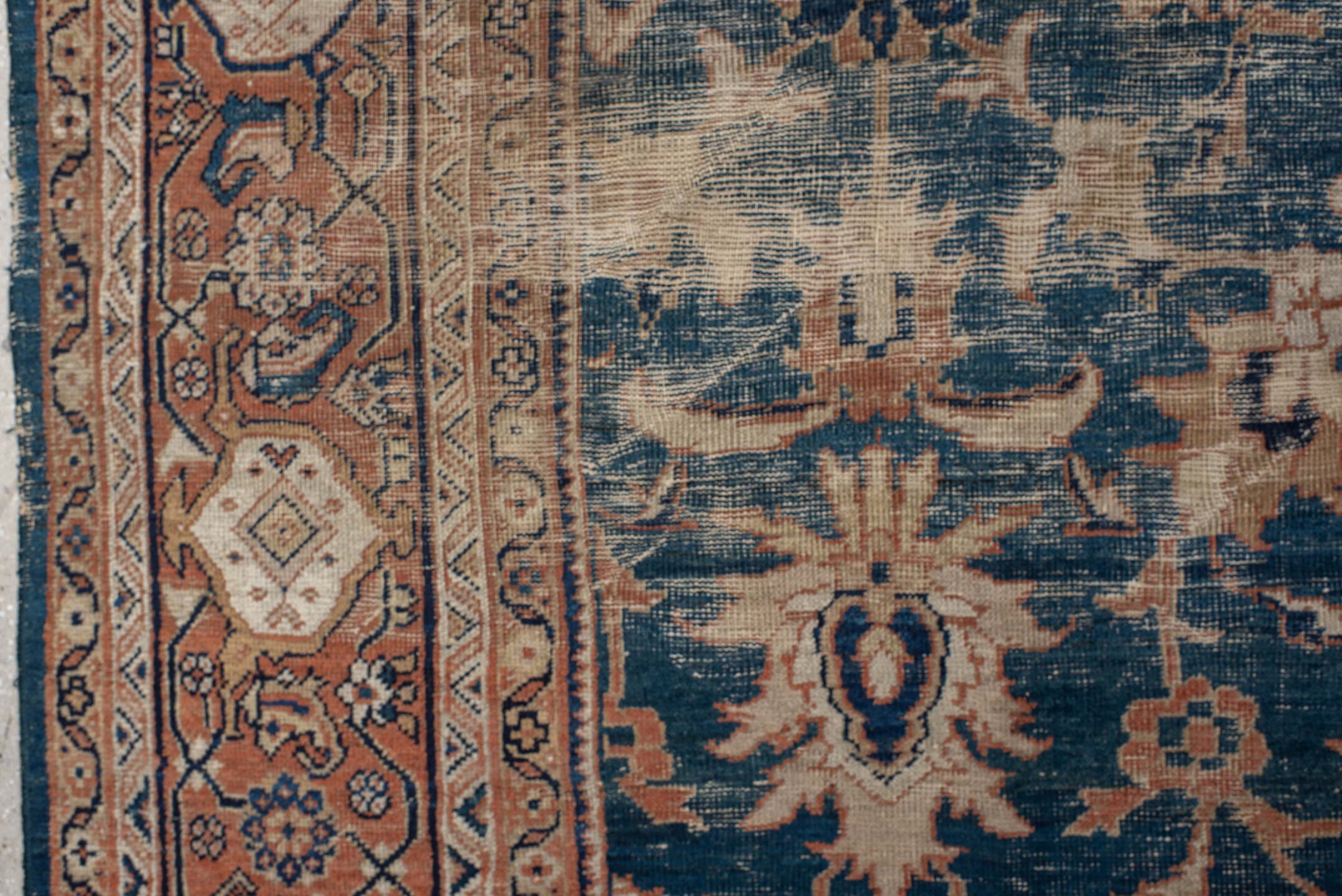 10' x 13' one-of-a-kind handmade antique Sultanabad large size rug. Color palette: blue, terra cotta, ivory, navy, beige