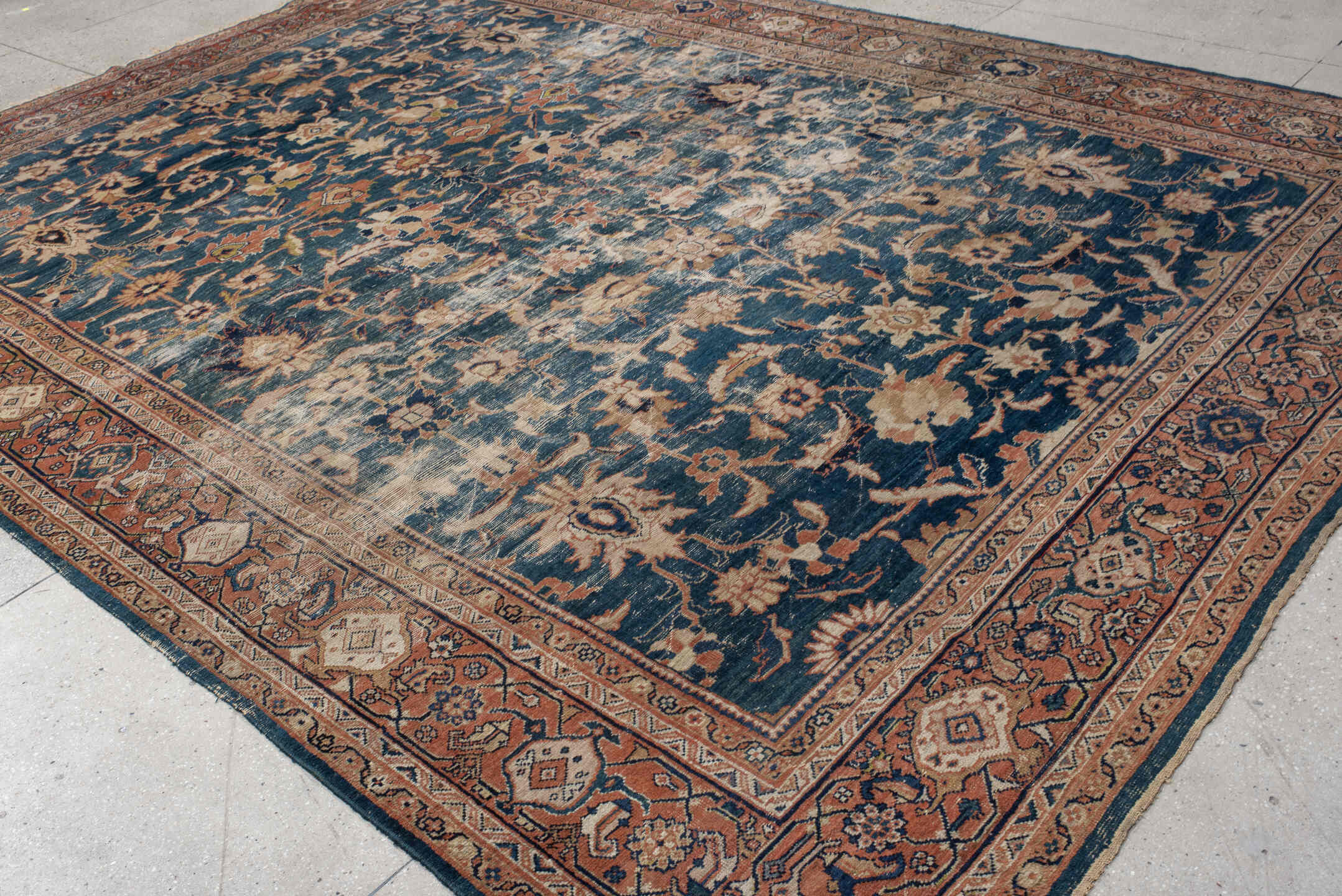 10' x 13' one-of-a-kind handmade antique Sultanabad large size rug. Color palette: blue, terra cotta, ivory, navy, beige