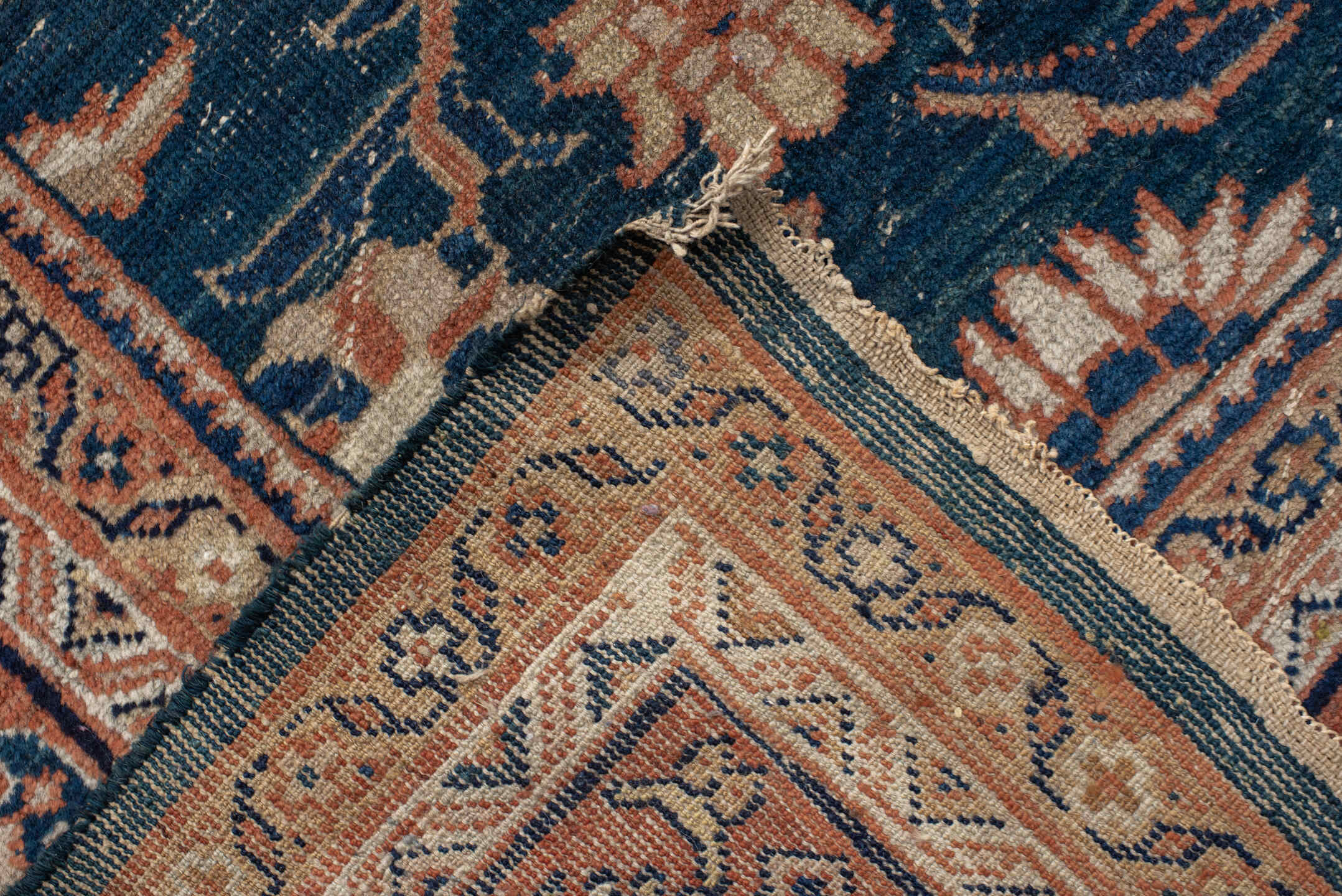10' x 13' one-of-a-kind handmade antique Sultanabad large size rug. Color palette: blue, terra cotta, ivory, navy, beige