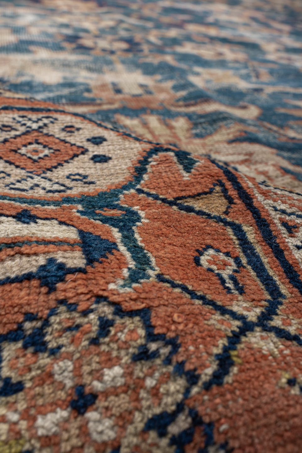 10' x 13' one-of-a-kind handmade antique Sultanabad large size rug. Color palette: blue, terra cotta, ivory, navy, beige