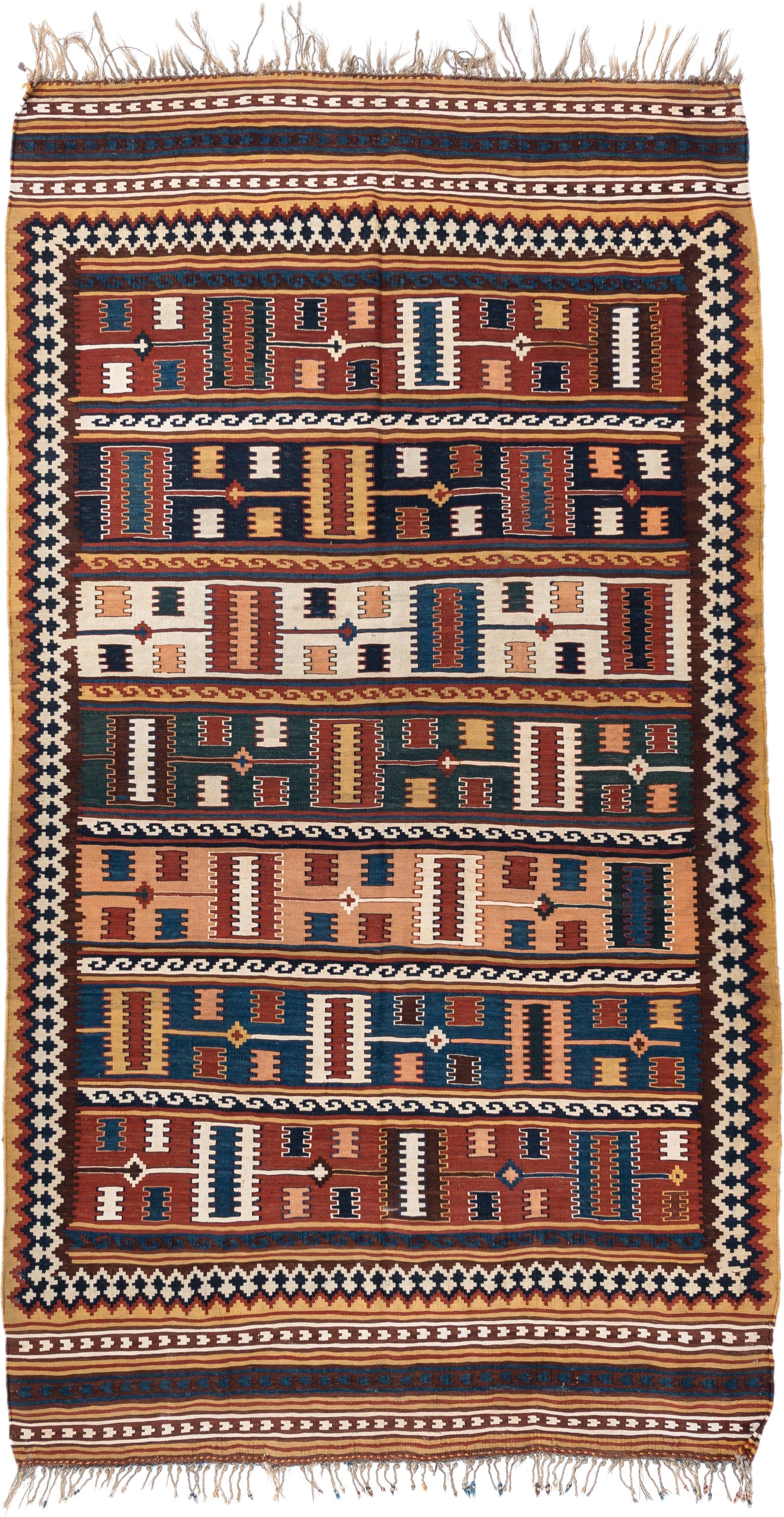 5' x 9' one-of-a-kind handmade vintage Kilim medium size rug. Color palette: rust, ivory, indigo, camel, teal, brown, navy