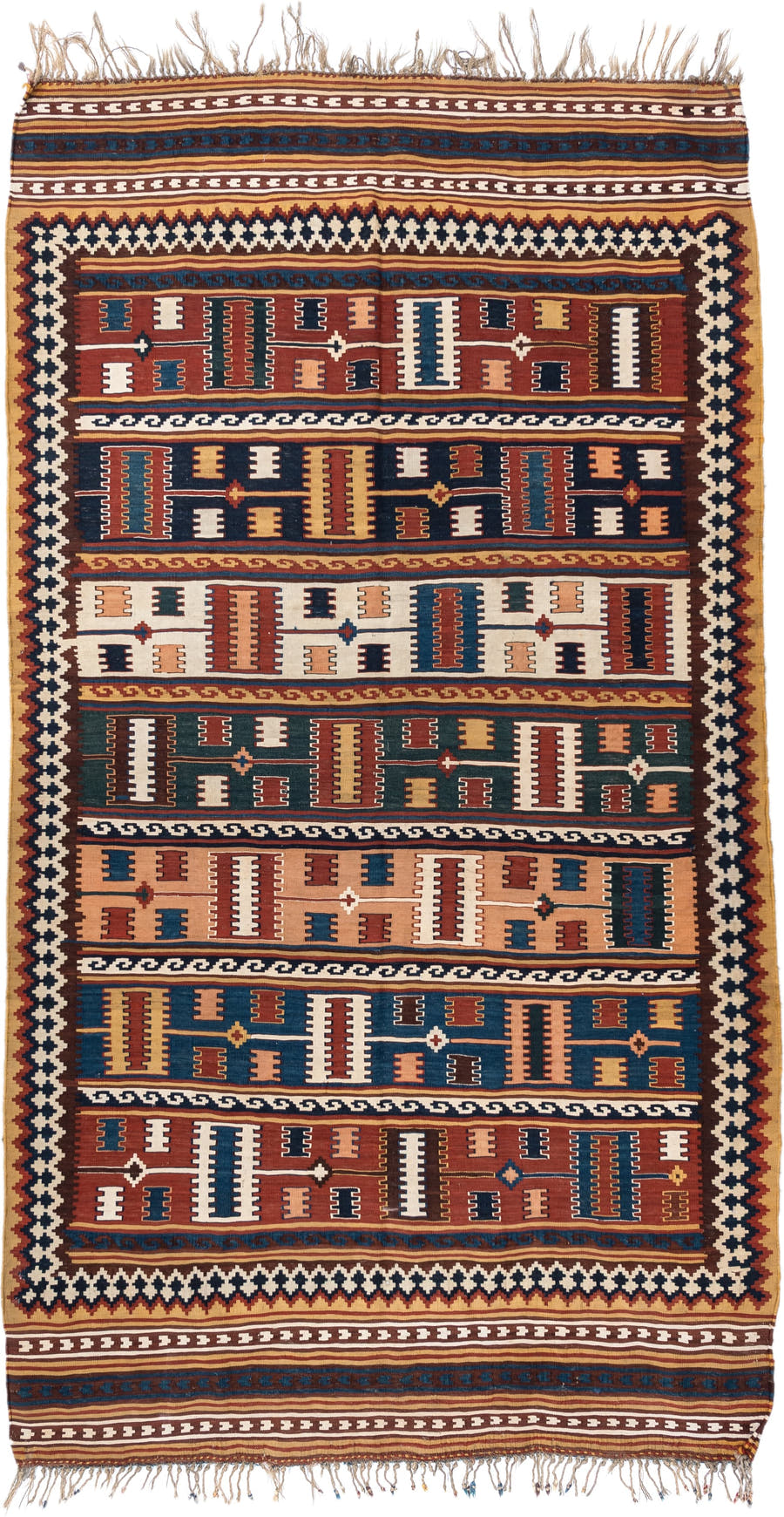 5' x 9' one-of-a-kind handmade vintage Kilim medium size rug. Color palette: rust, ivory, indigo, camel, teal, brown, navy