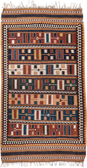 5' x 9' one-of-a-kind handmade vintage Kilim medium size rug. Color palette: rust, ivory, indigo, camel, teal, brown, navy