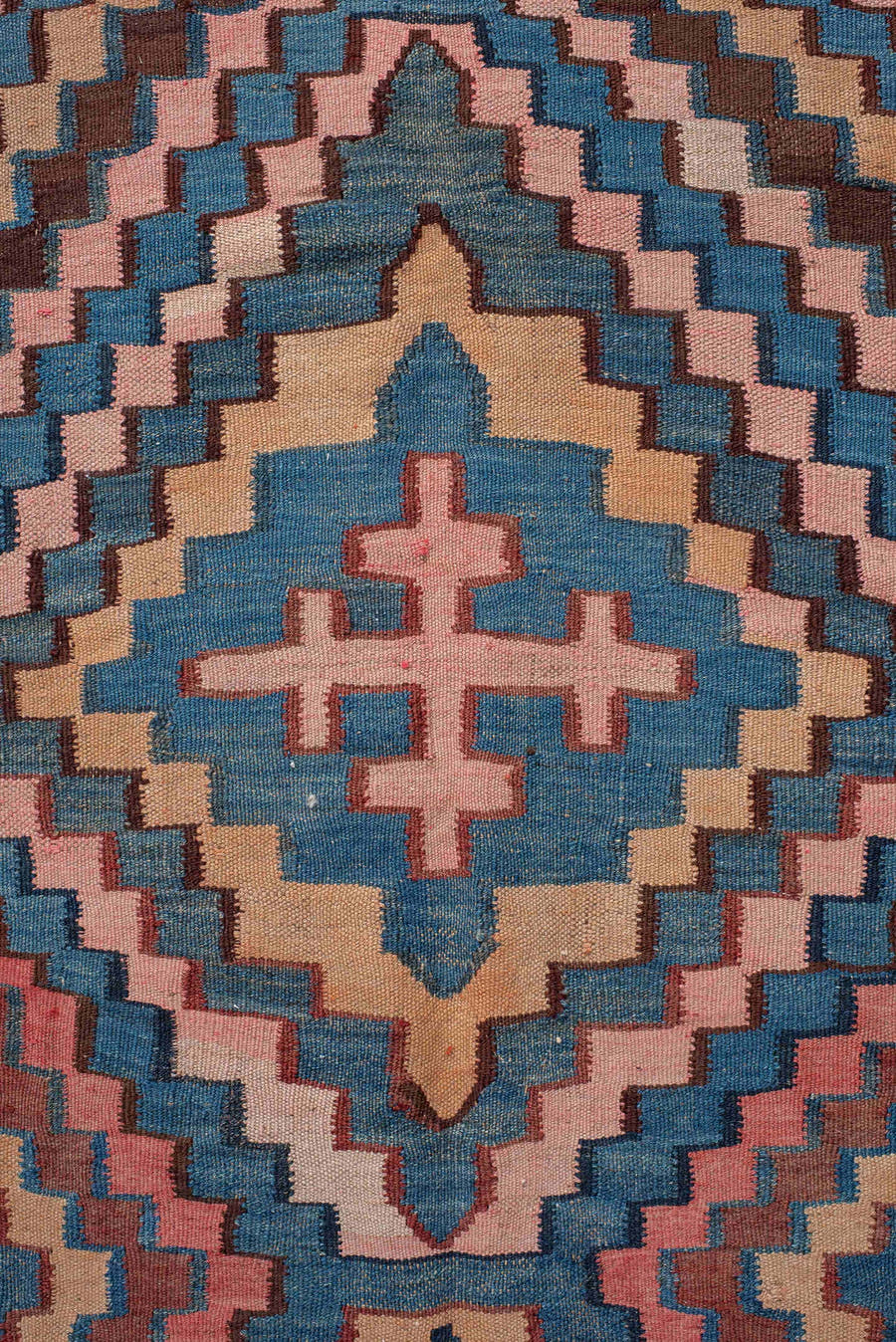 5' x 14' one-of-a-kind handmade vintage Kilim runner rug. Color palette: rose, indigo, ivory, rust, teal, camel, charcoal