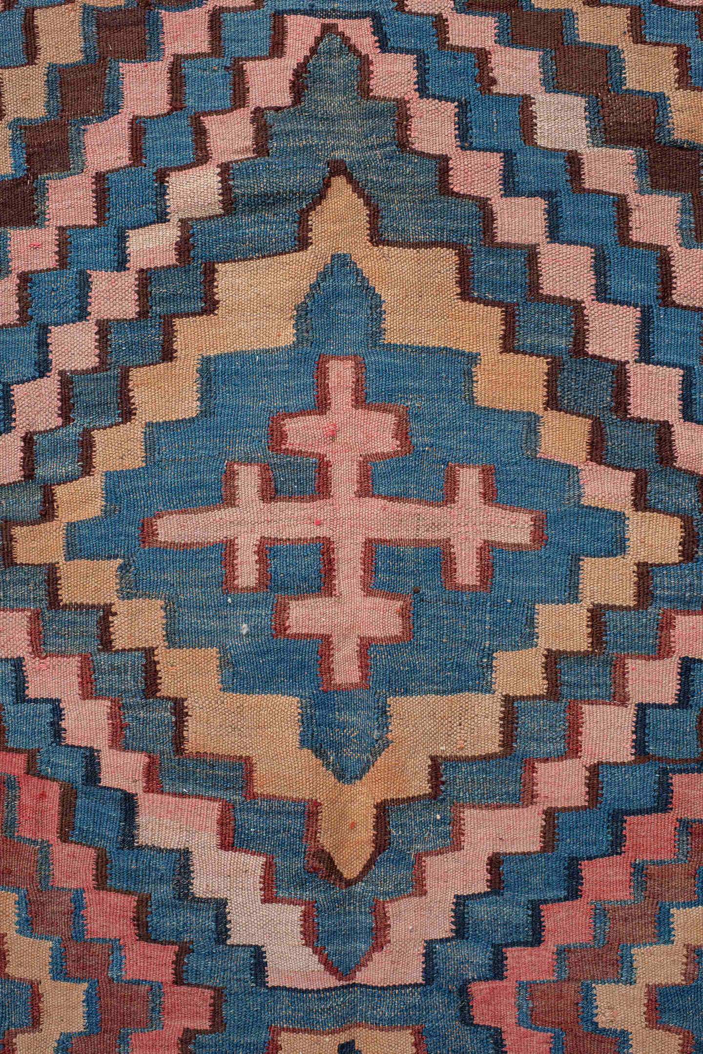 5' x 14' one-of-a-kind handmade vintage Kilim runner rug. Color palette: rose, indigo, ivory, rust, teal, camel, charcoal