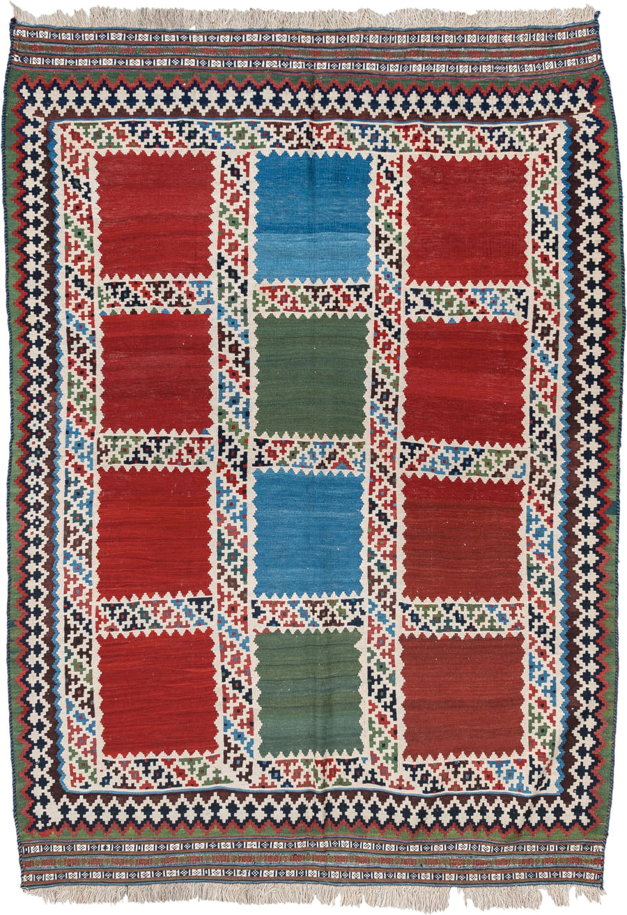 5' x 7' one-of-a-kind handmade vintage Kilim rug. Color palette: rust, ivory, navy, sky_blue, olive, red, teal, brown