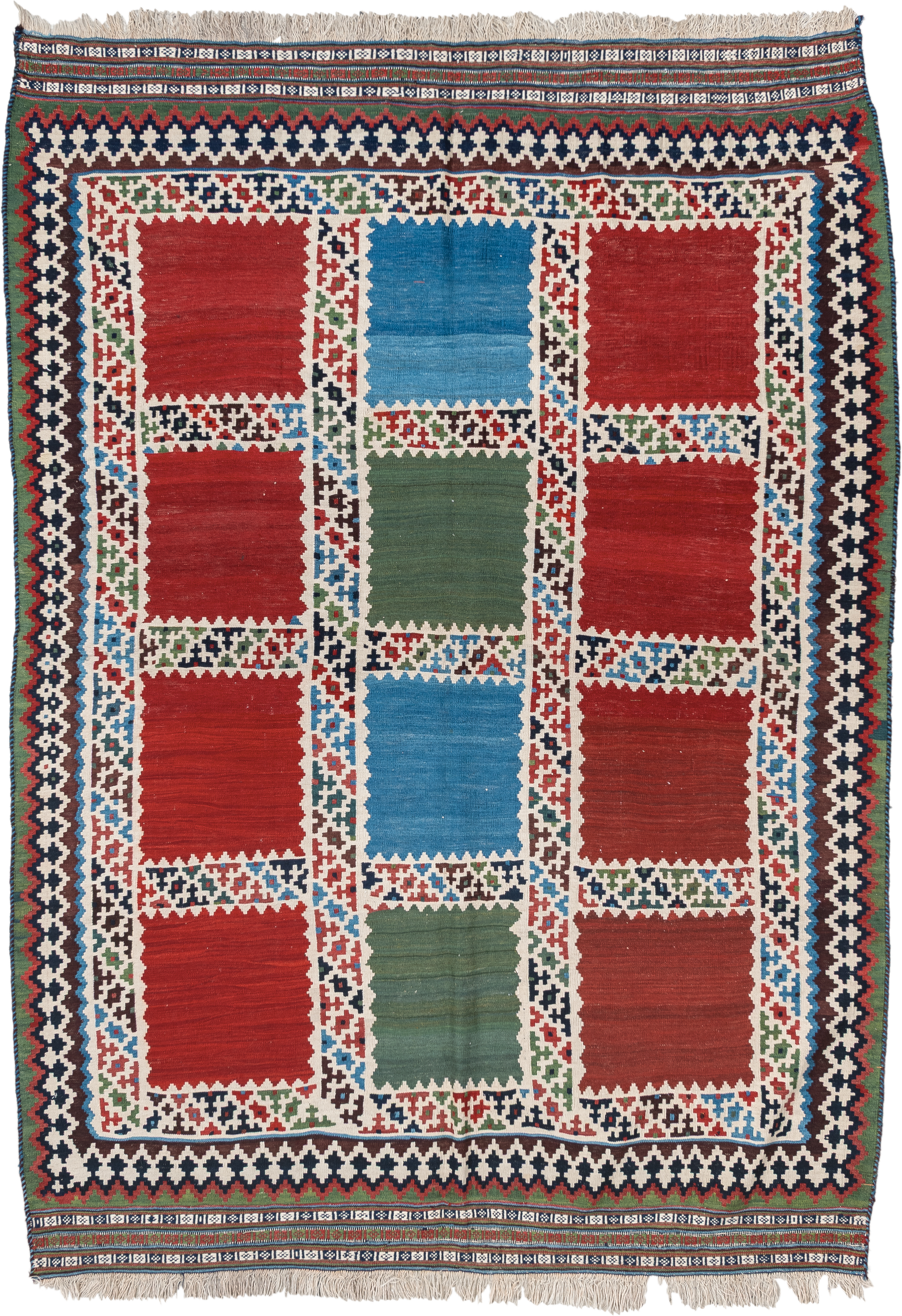 5' x 7' one-of-a-kind handmade vintage Kilim rug. Color palette: rust, ivory, navy, sky_blue, olive, red, teal, brown