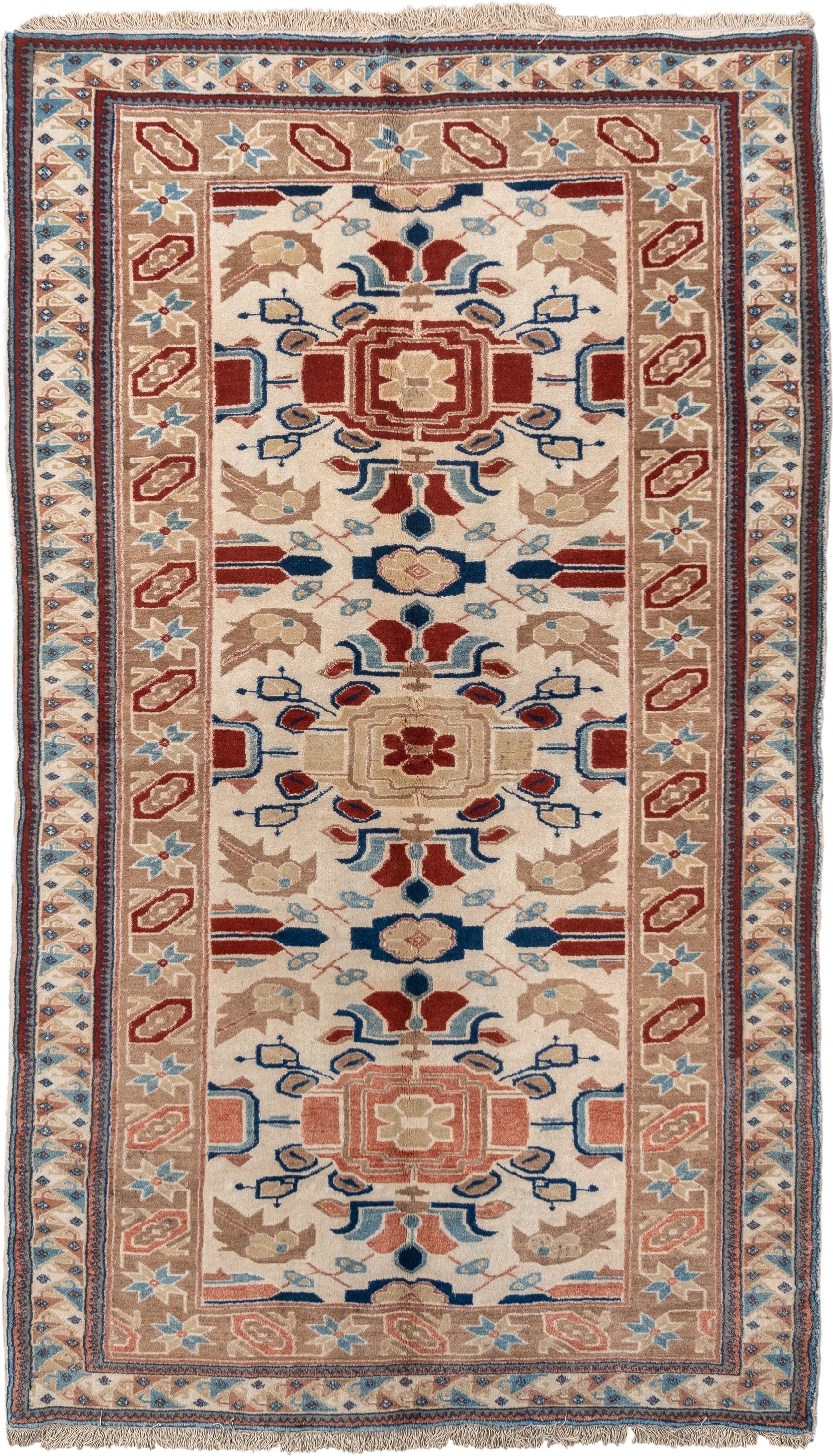 4' x 7' one-of-a-kind handmade vintage Ardebil rug. Color palette: ivory, camel, rust, sky blue, navy, taupe, terracotta