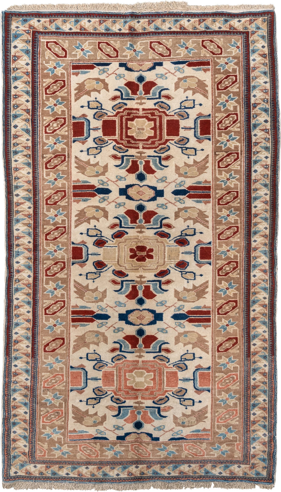 4' x 7' one-of-a-kind handmade vintage Ardebil rug. Color palette: ivory, camel, rust, sky blue, navy, taupe, terracotta