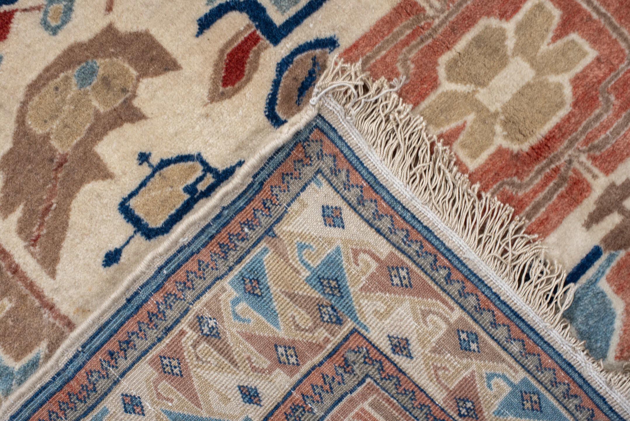4' x 7' one-of-a-kind handmade vintage Ardebil rug. Color palette: ivory, camel, rust, sky blue, navy, taupe, terracotta